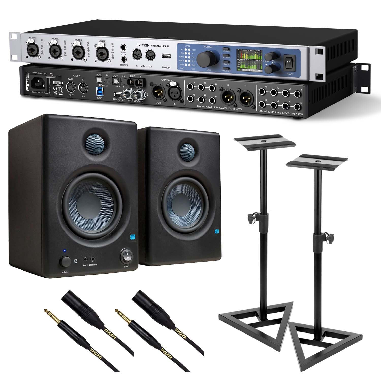 RME Fireface UFX III Audio Interface, (2) Presonus Eris4.5 Monitors, Monitor Stands, (2) XLR to /1/4 Bundle