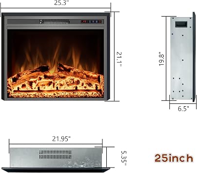 Electric Fireplace, 25 Electric Fireplace Inserts, Recessed Fireplace Heater with Remote Control, Adjustable Flame Colors, Timer&Overheating Protection, 750/1500W