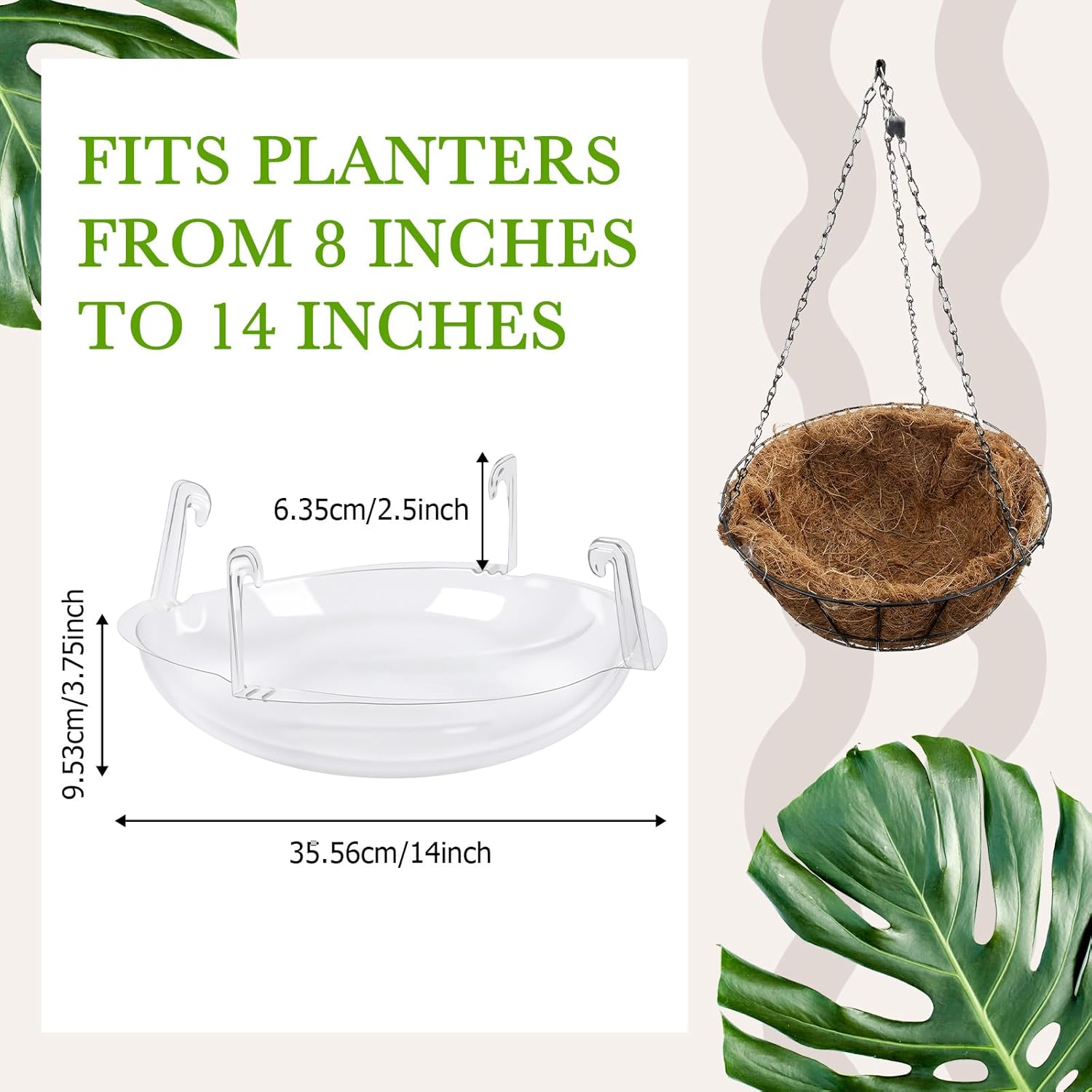 LemonRoad 10 Pack 8-14" Plastics Hanging Basket Drip Pans Round Hanging Plant Tray Saucer with Built-in Hooks Water Catcher for Indoor Outdoor