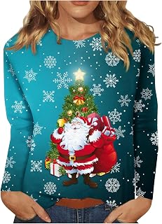 KEXIMIXUE Christmas Shirt Cozy Autumn Long Sleeve Plus Size T-Shirts for Women Pop School Smocked Patter Tshirts Baggy Crew Neck Tops for Women