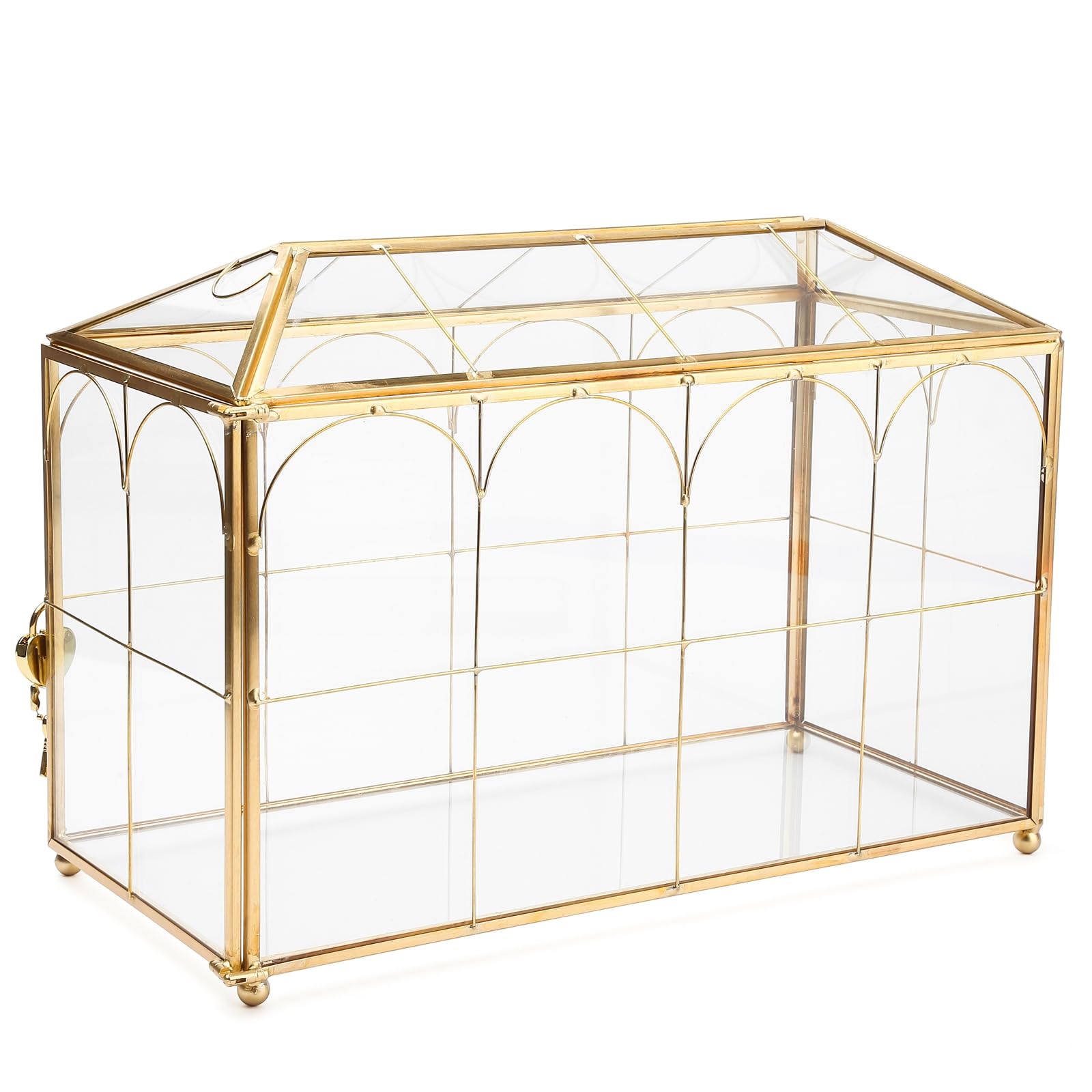 32 cm Glas-Kartenbox Hochzeitskartenbox mit Schloss für Hochzeitsempfang Kosmetik Wohnkultur, handgefertigtes großes geometrisches Terrarium mit Scharnierdeckel, Messingrahmen – (Golden/Haus)