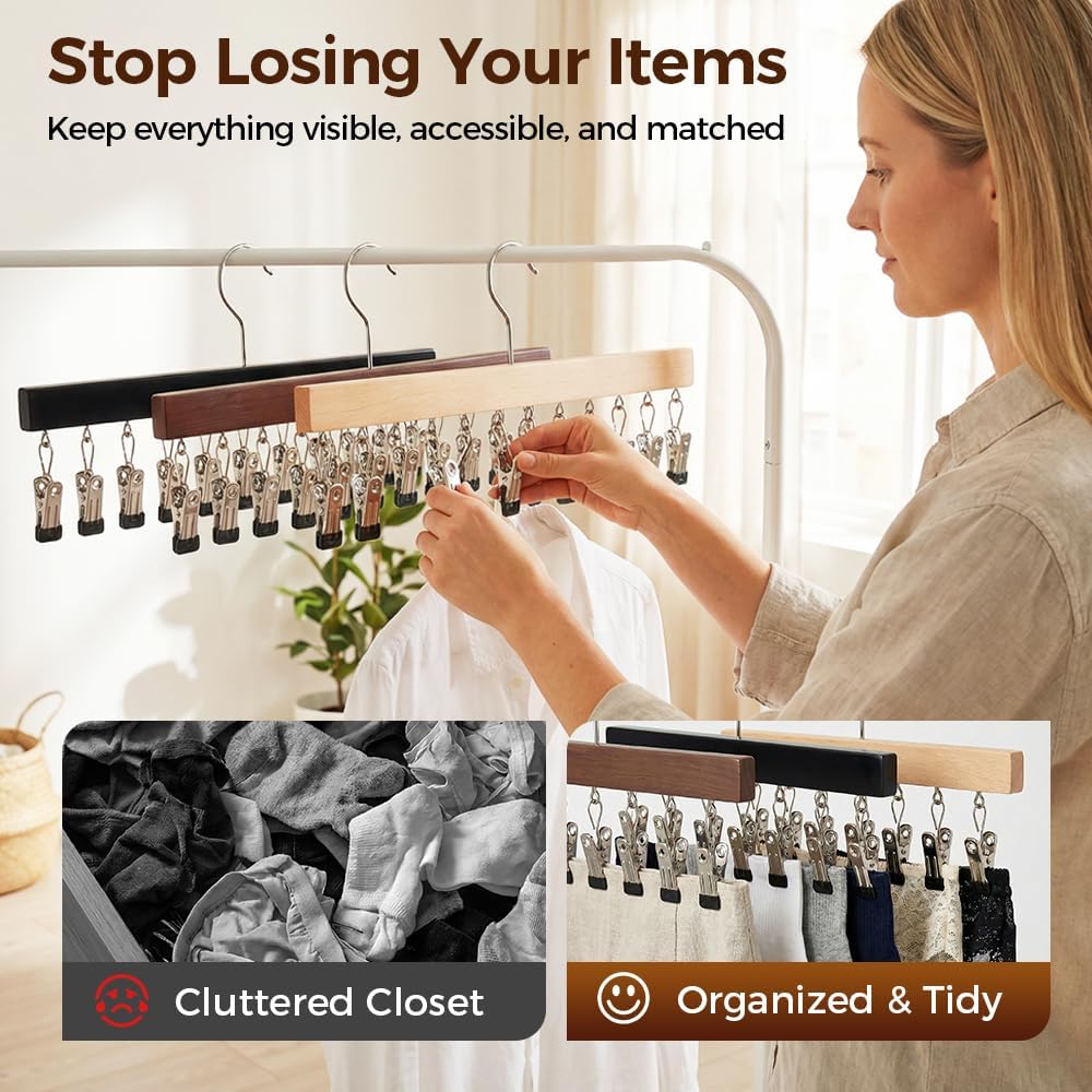 Closet Organizer with 10 Clips, Space Saving Hanging Organizer, Heavy-Duty Metal Frame, 360° Rotating Hook, Multi-Purpose Clothespins for Pants, Skirts, Scarves, Socks, Belts (Black-2pcs)