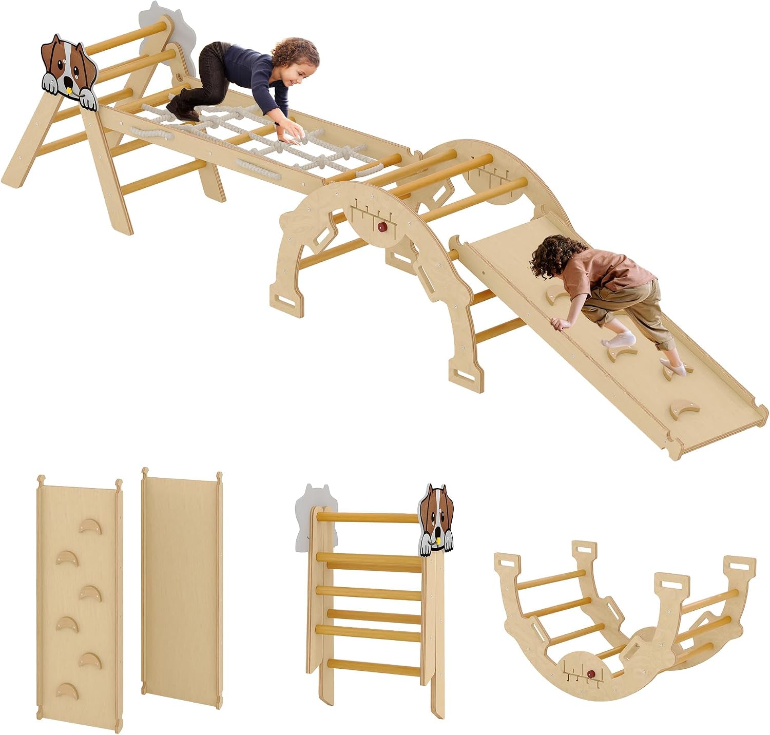 4 in 1 Toddler Climbing Toys Indoor with Ramp, Arch and Ladder, Pikler Triangle Set with Wood Construction，Montessori Climbing Set for Toddlers 1-3，Baby, Kids