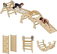 Vista 2 de PeakPursuit Juguetes de escalada 4 en 1 para niños pequeños con rampa, arco y escalera, juego de triángulos Pikler con construcción de madera, juego