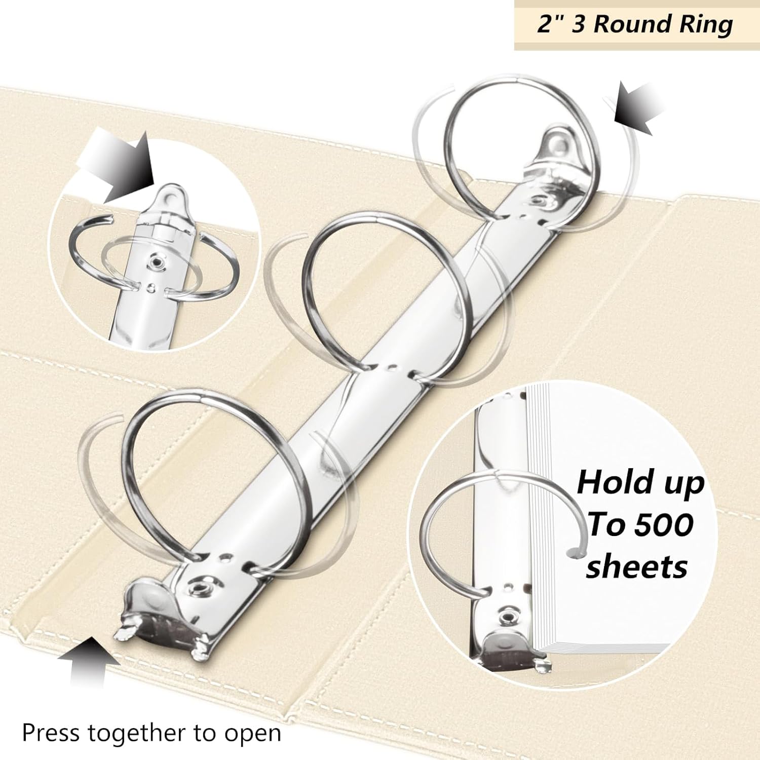 2 Inch 3 Ring Linen Binder Organizer, BVSSX Three Ring Binders with Clipboard, Plastic Folder, 5-Tabs Pocket Dividers with Sticker Labels, Pen Loop, Elastic Strap (Beige, Letter Size)
