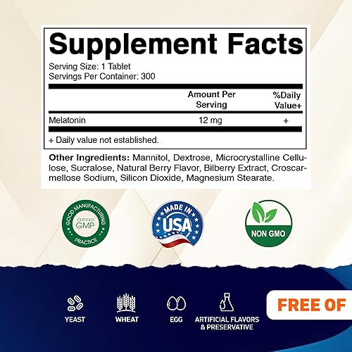 Miniatura 2 de Vitamatic Melatonina 12 mg - Sabor natural de bayas - 300 tabletas de disolución rápida - Formulado por profesionales de la salud - Sin OMG, sin