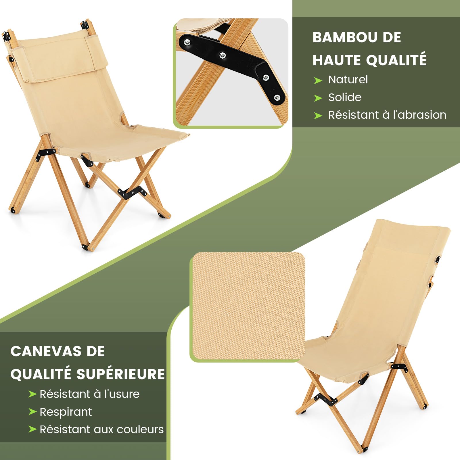 Lot De 2 Chaises Pliantes Jardin GOPLUS - Structure Bambou, Toile Beige, Capacité 150 Kg, Pliable Avec Sac - 57x72,5x92,5 Cm - 2