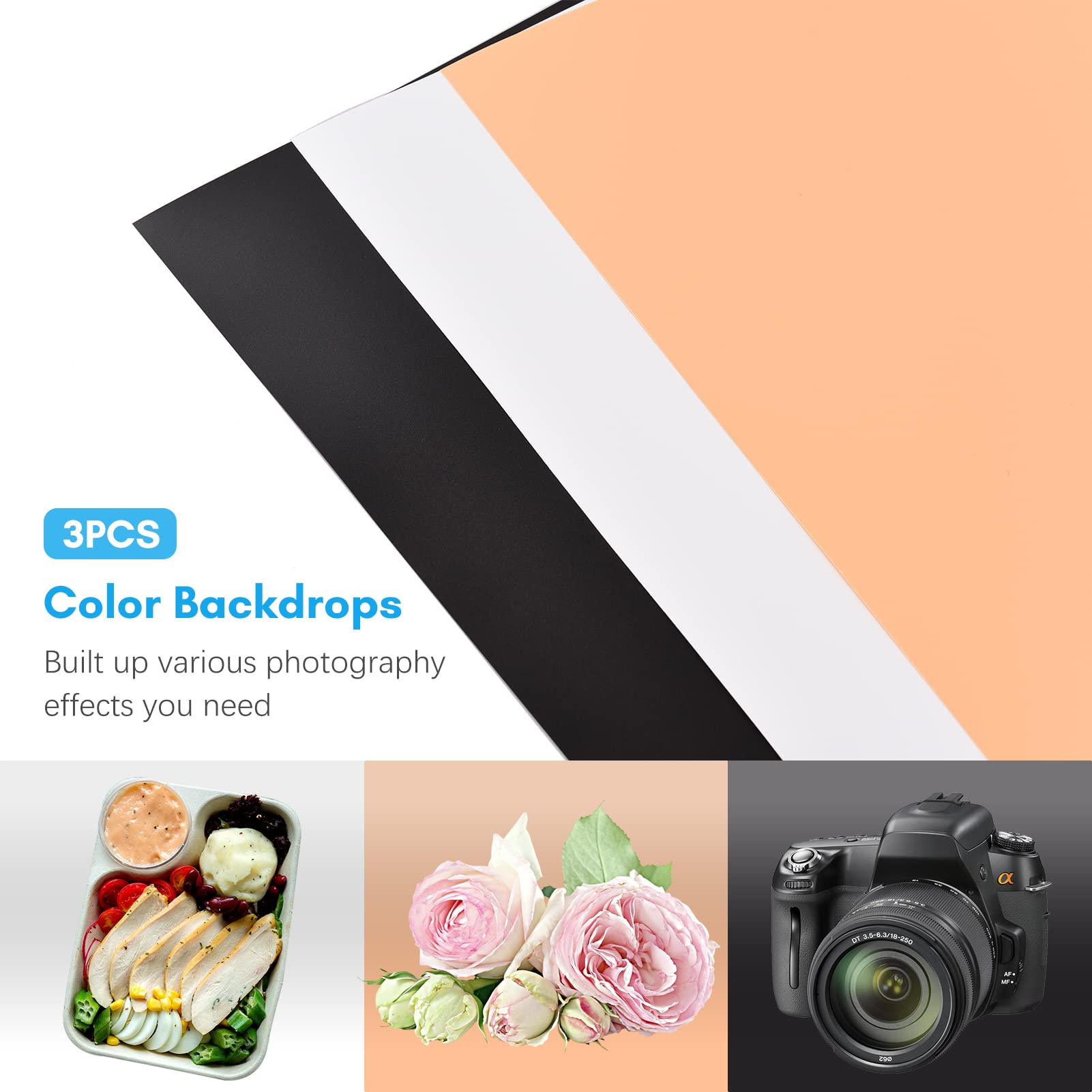 Andoer Scatola luminosa per studio fotografico, 80 x 80 x 80 cm, set di studio fotografico, pieghevole, tenda luminosa, 270 LED, 5600 K, dimmerabile, con 3 sfondi di colore per fotografia di prodotti