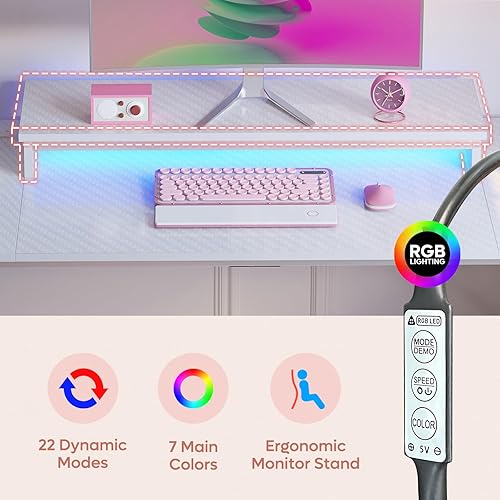 Miniatura 68 de Bestier Escritorio para juegos de 42 pulgadas con luces LED, mesa de juegos para computadora pequeña con estante para monitor, escritorio para Fibra