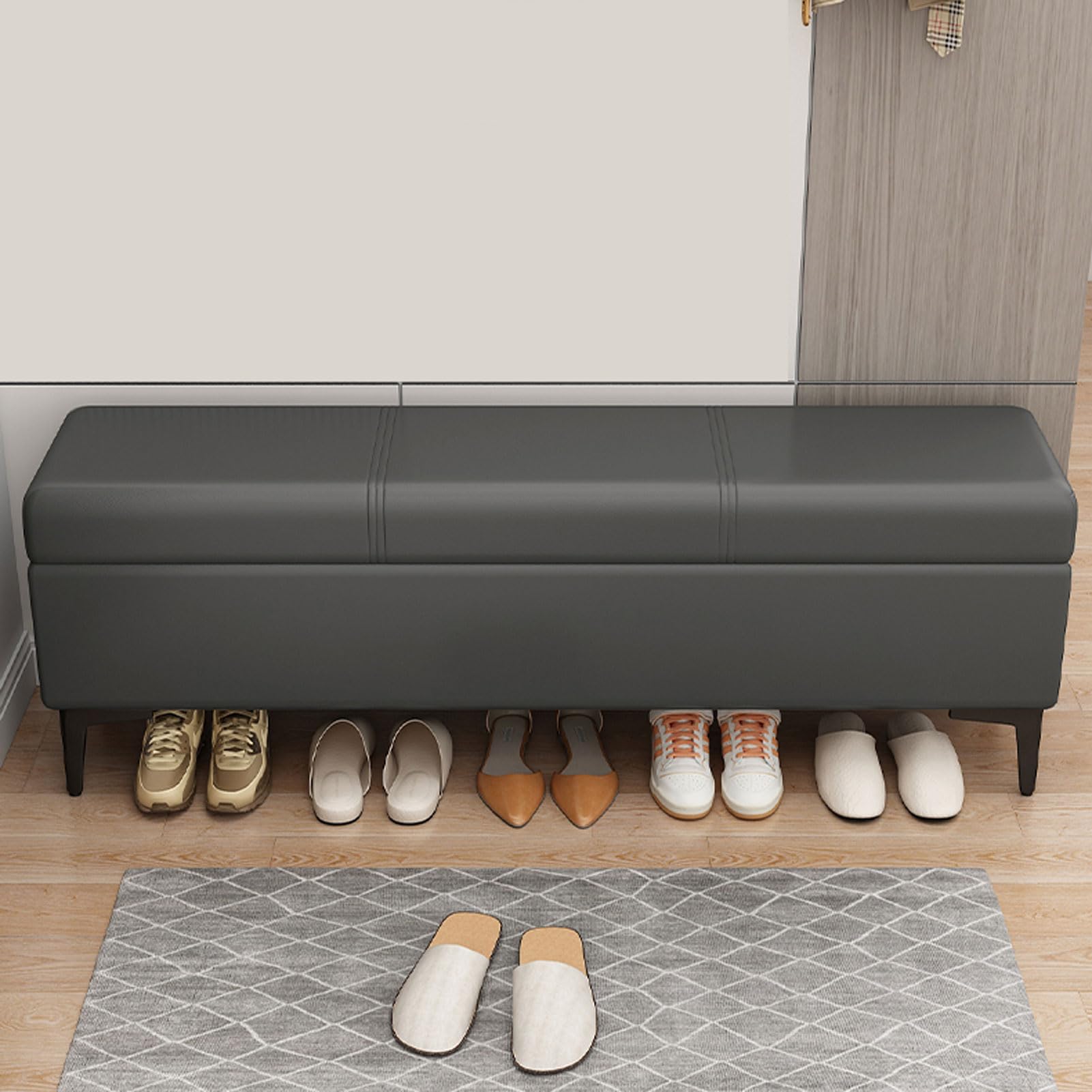 Banco de pasillo acolchado de piel sintética, elegante otomana de almacenamiento larga para sala de estar, dormitorio o vestíbulo, solución de asiento de extremo estrecho de la cama con almacenamiento