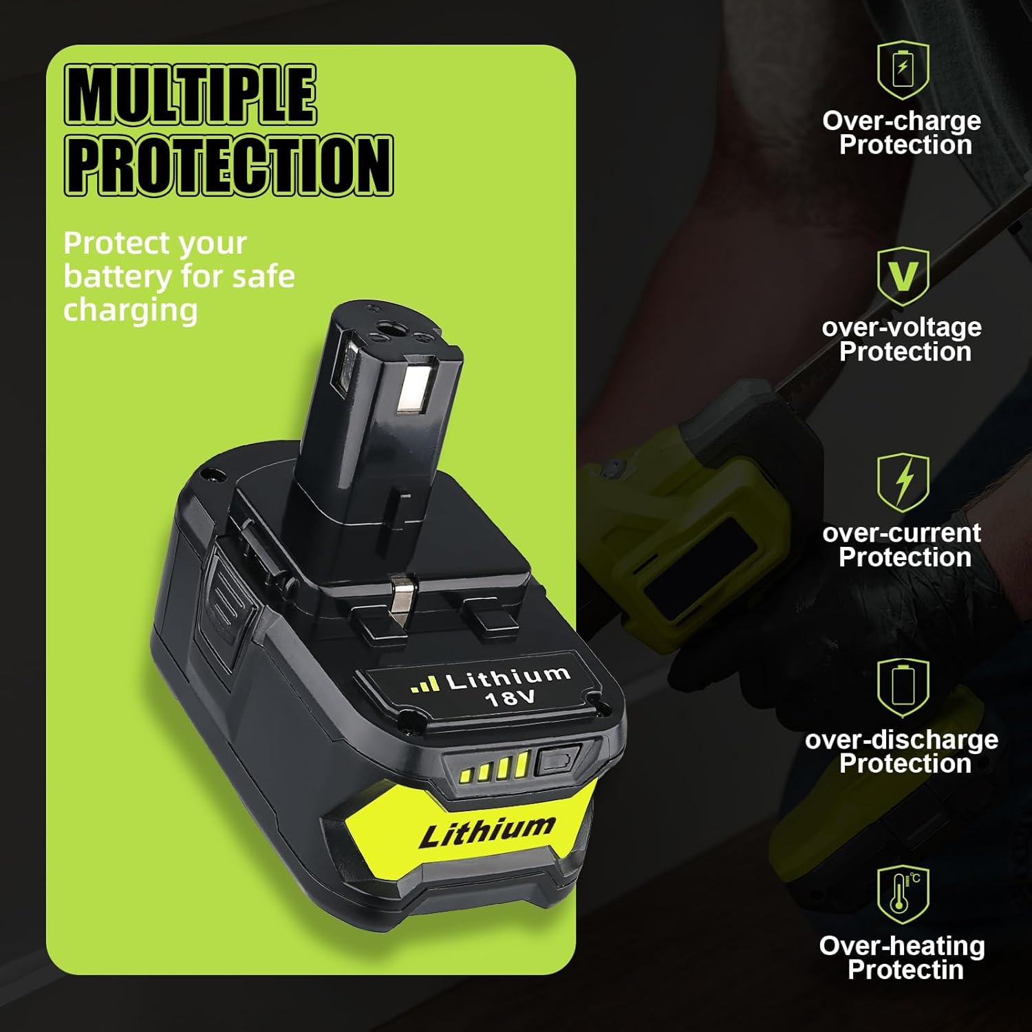 VINIDA 2Pack 6.0Ah Repacement for Ryobi 18V Battery with P117 Charger Compatible with Ryobi Battery 18V P102 P103 P104 P105 P107 P108 P109 Battery & Charger Kit - Image 6