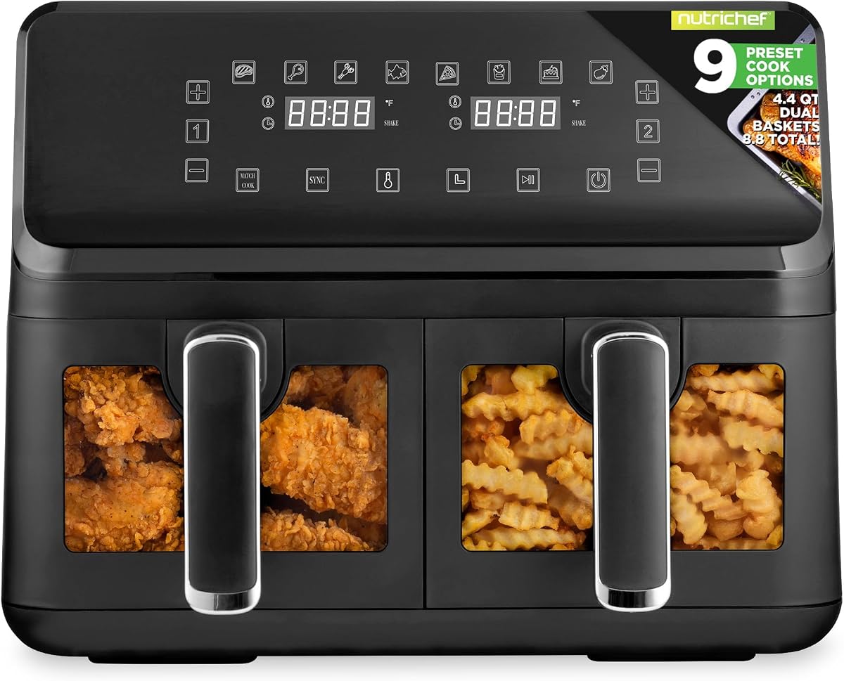 Double Basket Air Fryer 8.8 QT | Family Size Oil Free Airfryer with Transparent Window | 9-1 Preset Cooking Options | 360° Hot Air Circulation Technology | 4.4 QTs per Basket | Black