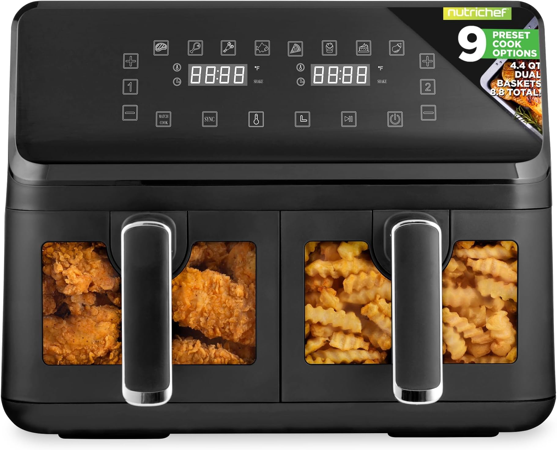 Double Basket Air Fryer 8.8 QT | Family Size Oil Free Airfryer with Transparent Window | 9-1 Preset Cooking Options | 360° Hot Air Circulation Technology | 4.4 QTs per Basket | Black