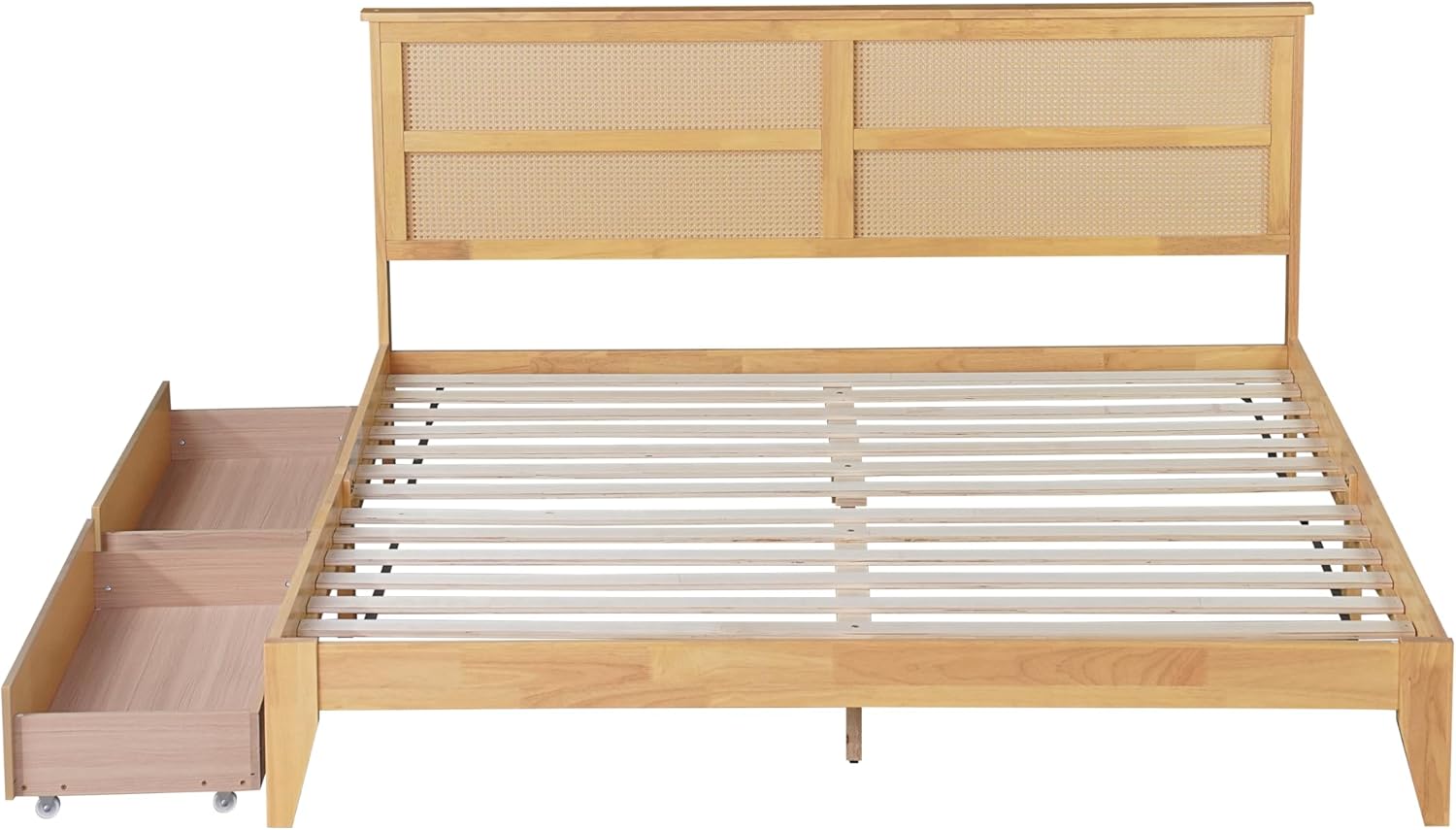 Wooden Full Size Bed Frame with Rattan Headboard and 2 Storage Drawers,Boho Rattan Platform Bed Frame with Strong Wooden Slat, Noise Free,No Box Spring Needed,White Oak