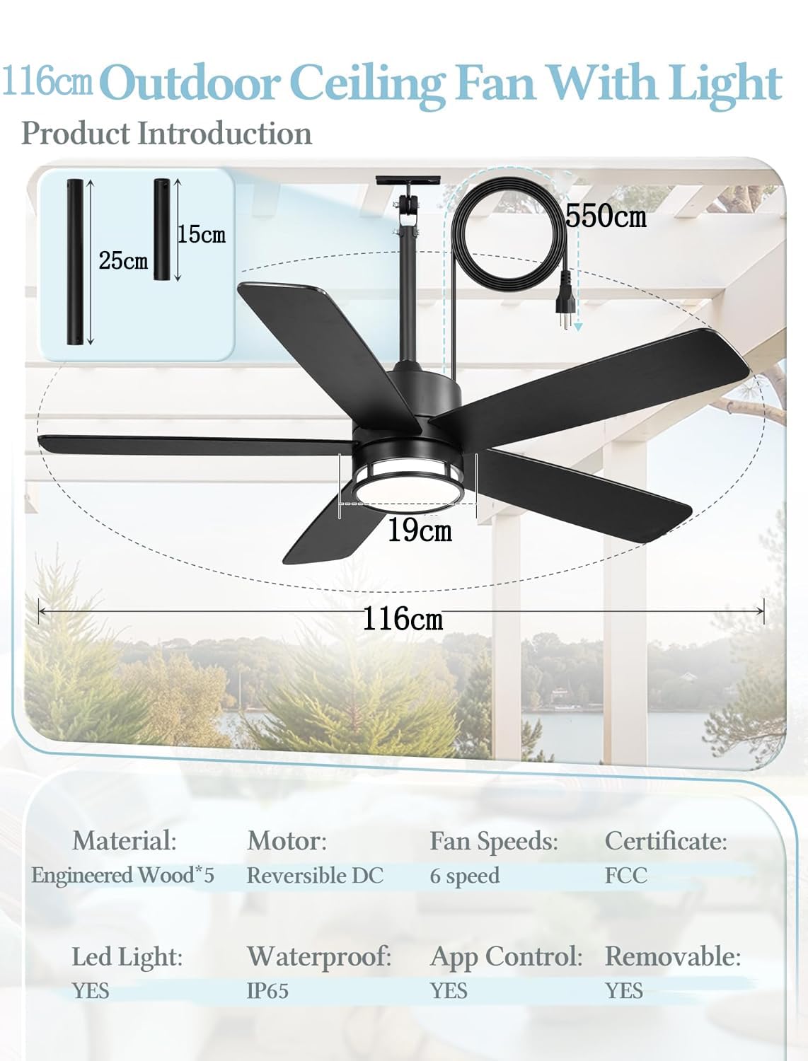 116cm Outdoor Deckenventilator mit Beleuchtung für Draußen LED Ventilator Deckenleuchte Leiser DC-Motor mit Fernbedienung 6 Geschwindigkeiten Sommer-Winterbetrieb für Wohnzimmer Schlafzimmer