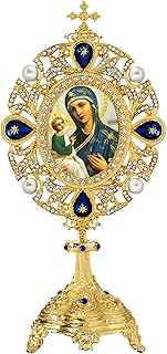 Needzo Our Lady of Jerusalem Monstrance, Reliquary Style Icon Shrine with Cross, 7 Inch