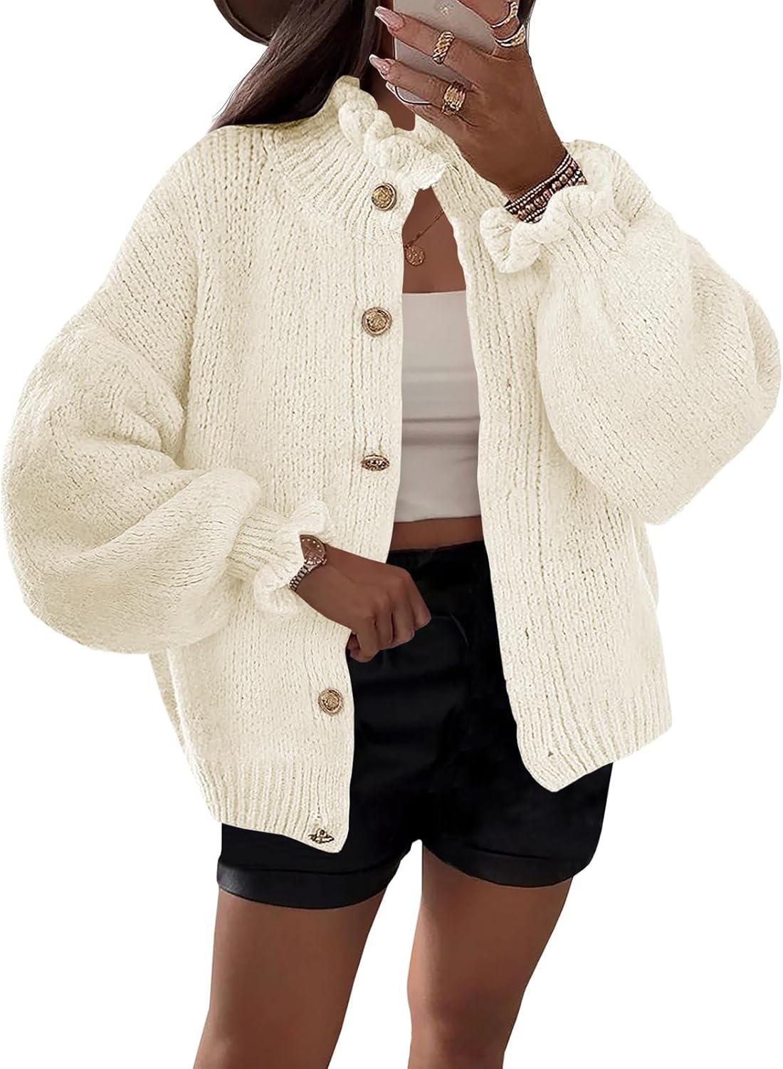 Saodimallsu Womens Ruffle Cardigan Oversized Button Up Fall Trendy Ribbed Knit Open Front Long Sleeve Loose Cute Sweater
