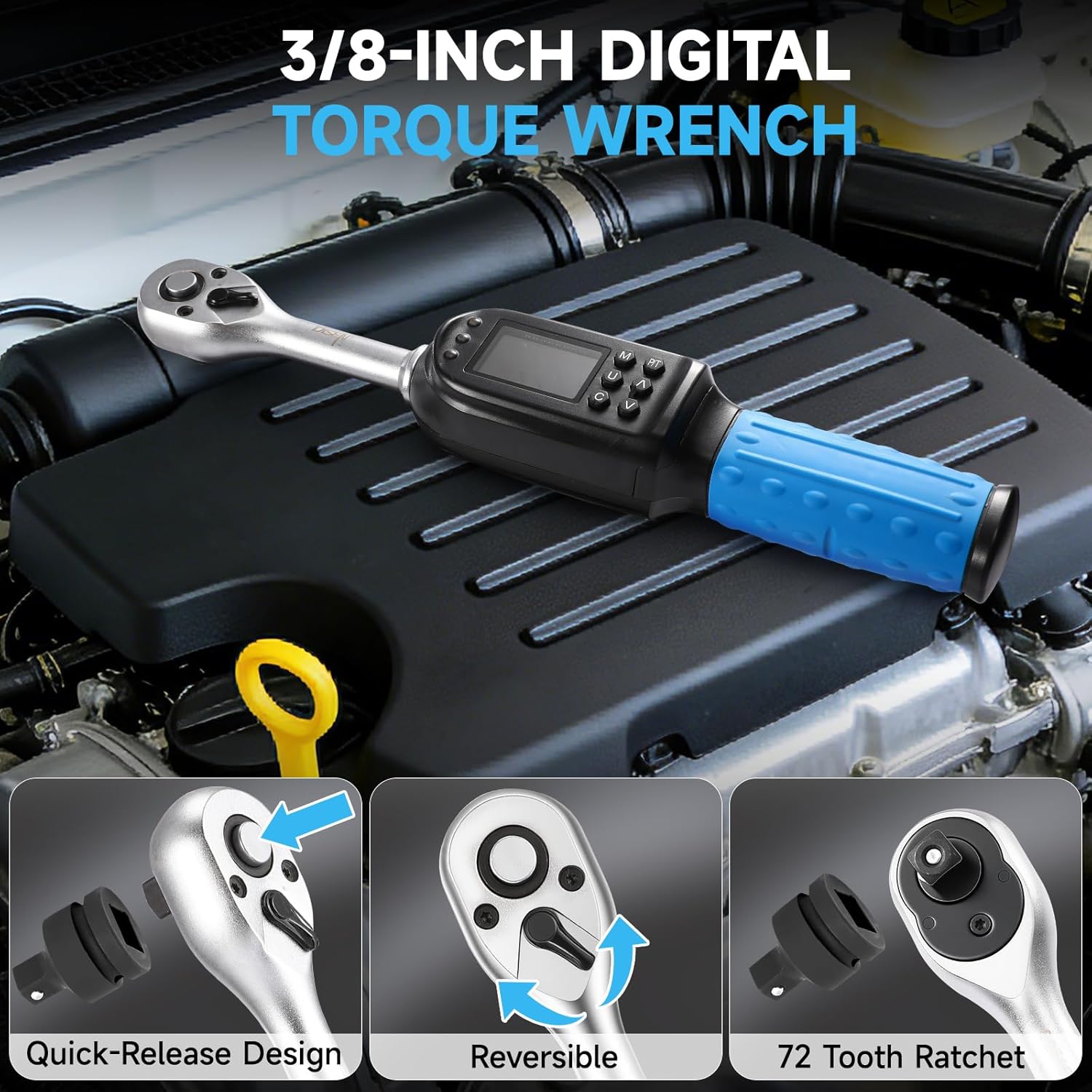 DISEN 3/8 inch Digital Torque Wrench (5-135 N.m / 3.7-99.6 Ft.lb), ±2% Accuracy, 8 Presets & 500 Data Memory, 5 Units, LED & Buzzer Alert, Tracking/Peak Modes, for Automotive Motorcycle Bicycle DIY