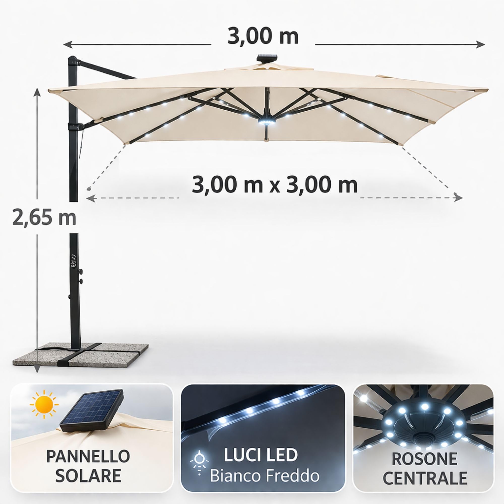 Gruppo Maruccia - Ombrellone da Giardino 3x3 Metri con Luci Led Solari - Palo Laterale in Alluminio - Telo Idrorepellente Resinato Color Ecrù