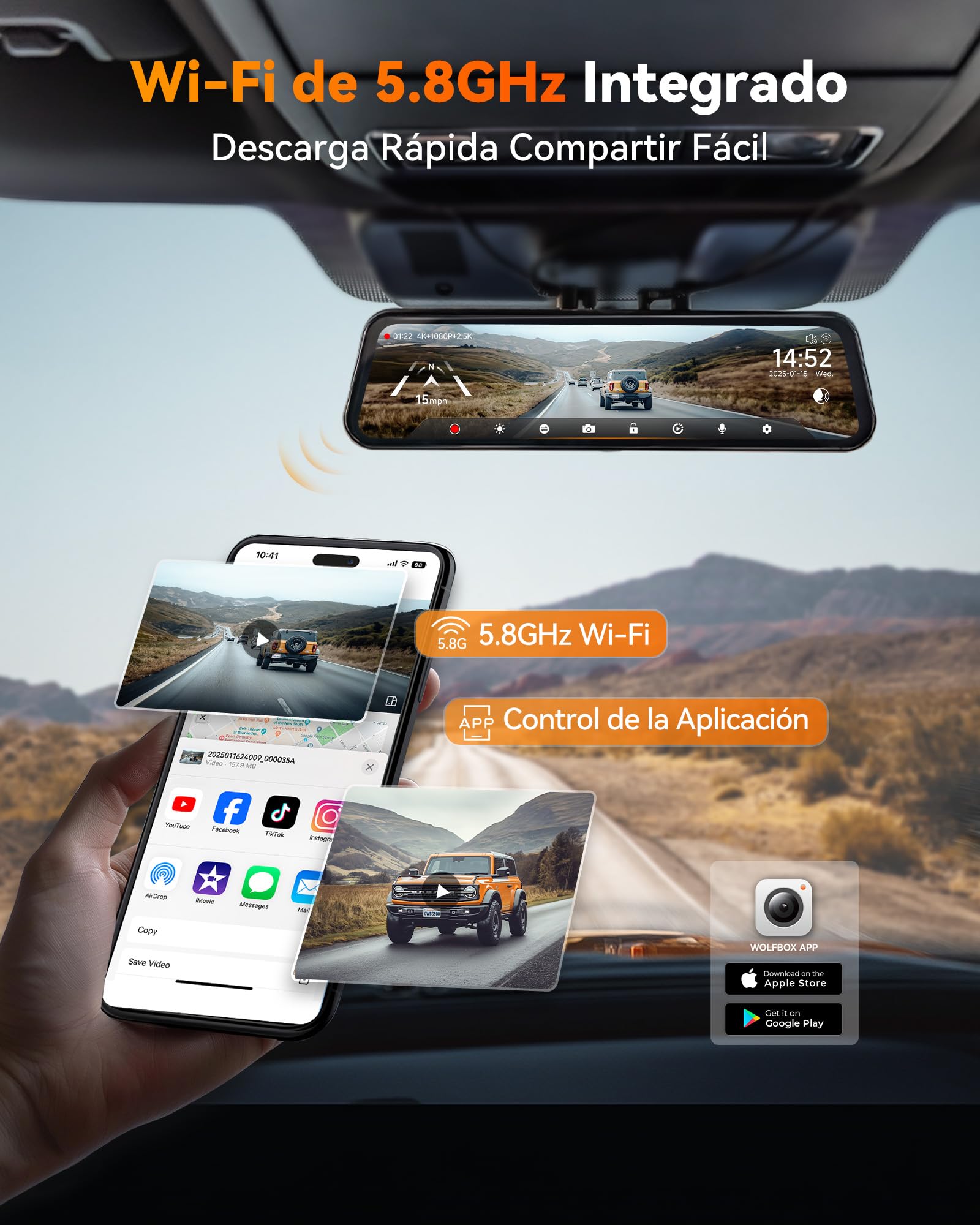 WOLFBOX G900 Tripro Parachoques 3 Canales 4K Espejo de cámara trasera STARVIS 2 IMX678, 4K+2.5K+1080P dashcam coche delantero trasero para parachoques, 5.8 GHz WiFi, control por voz, tarjeta de 256 GB