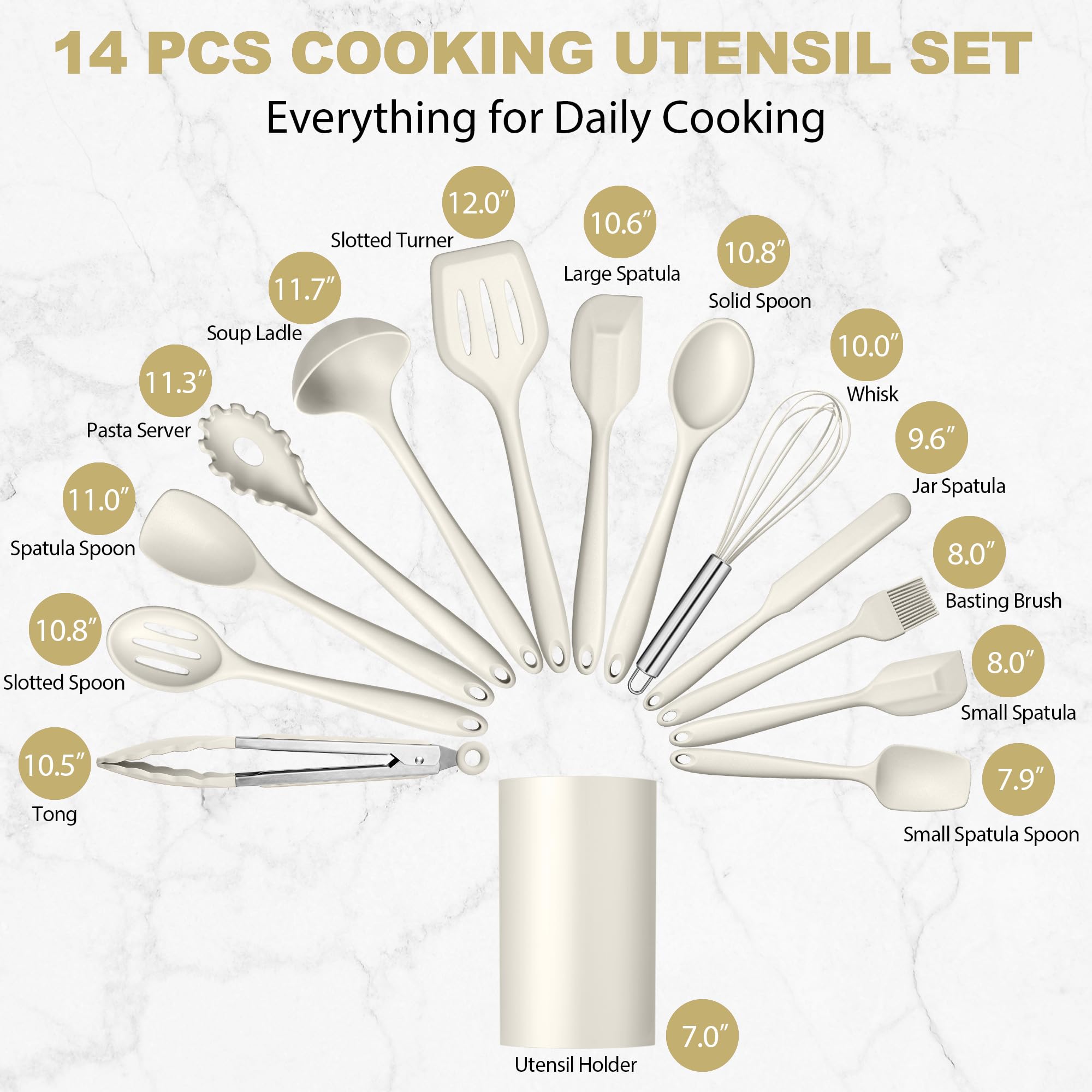 LIANYU Juego de 14 utensilios de cocina con soporte, juego de espátulas de silicona para cocina, resistentes al calor, incluye cuchara volteadora, batidor, pinza para batir, apto para lavavajillas,