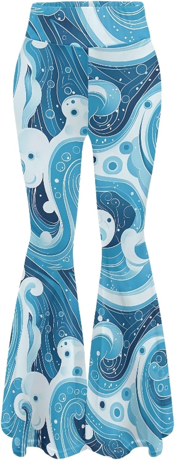 Amzbeauty Stretch Wide Leg Bell Bottoms for Women Trendy Print Tummy Control High Waist Yoga Pants