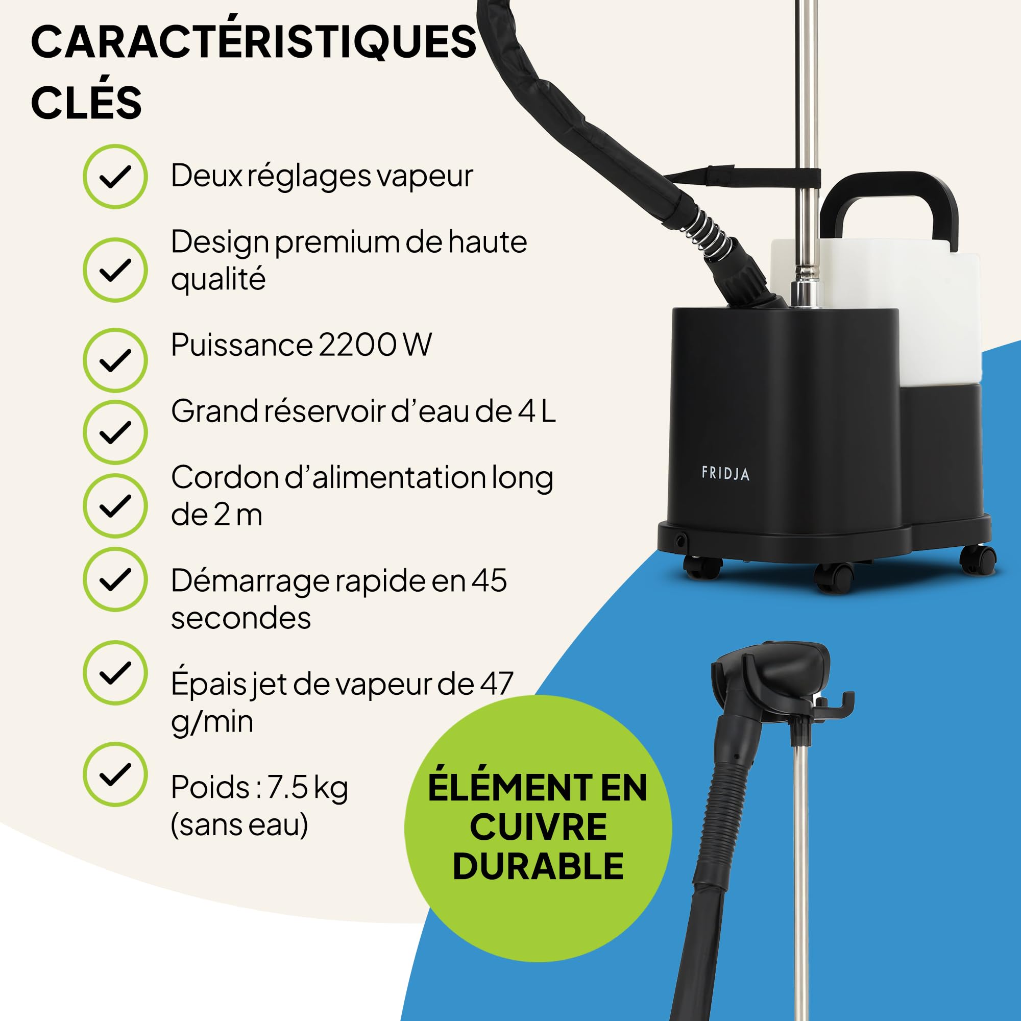 Défroisseur vapeur professionnel Fridja f1600 - Puissant défroisseur vapeur haut de gamme de 2200 W - Deux réglages de vapeur et réservoir d'eau de 4 L pour un défroissage rapide - Convient à tous les