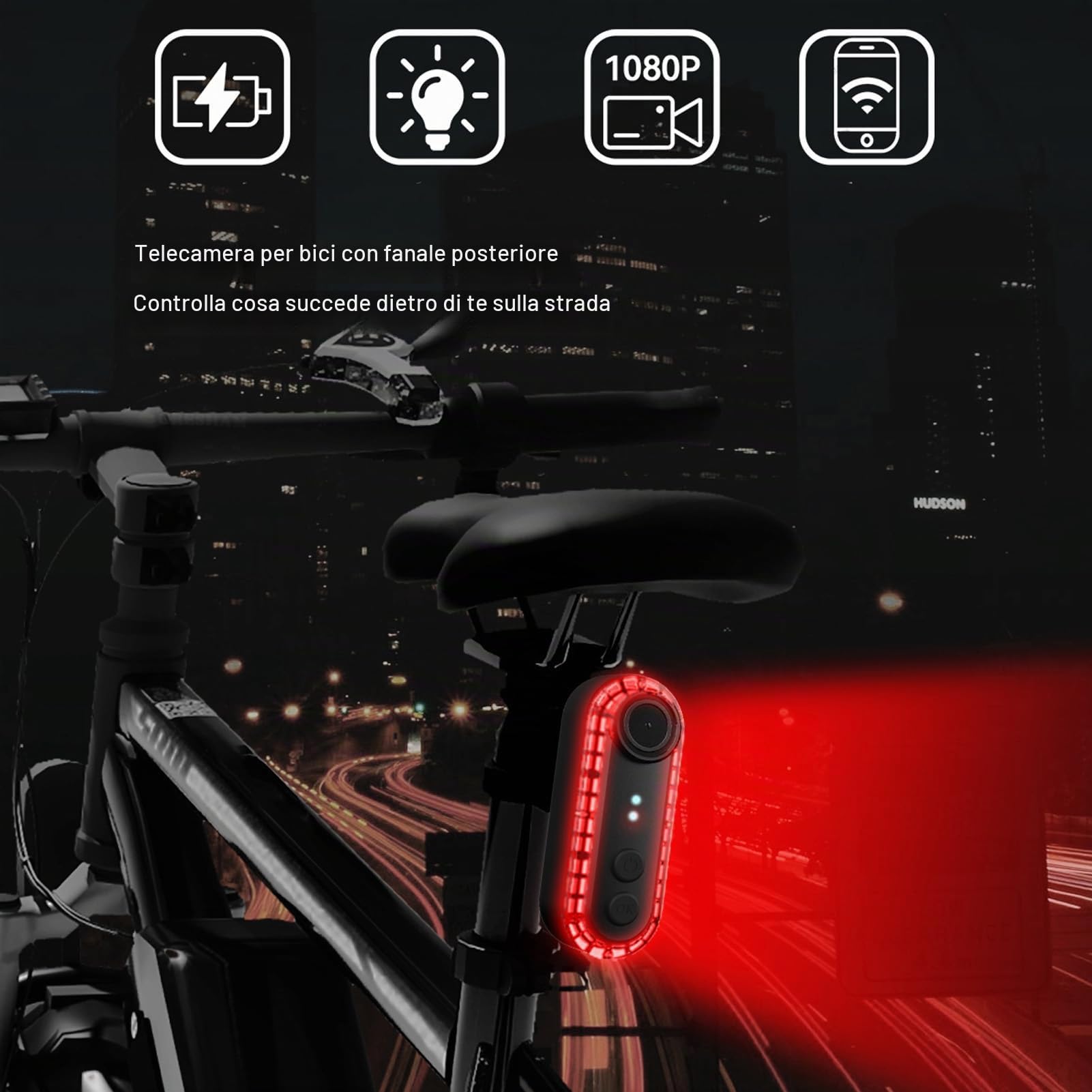 Telecamera per Bici con Fanale Posteriore, Telecamera Posteriore HD 1080P con Grandangolo, Impermeabile IPX6, Durata della Batteria 6 Ore, per la Guida Notturna