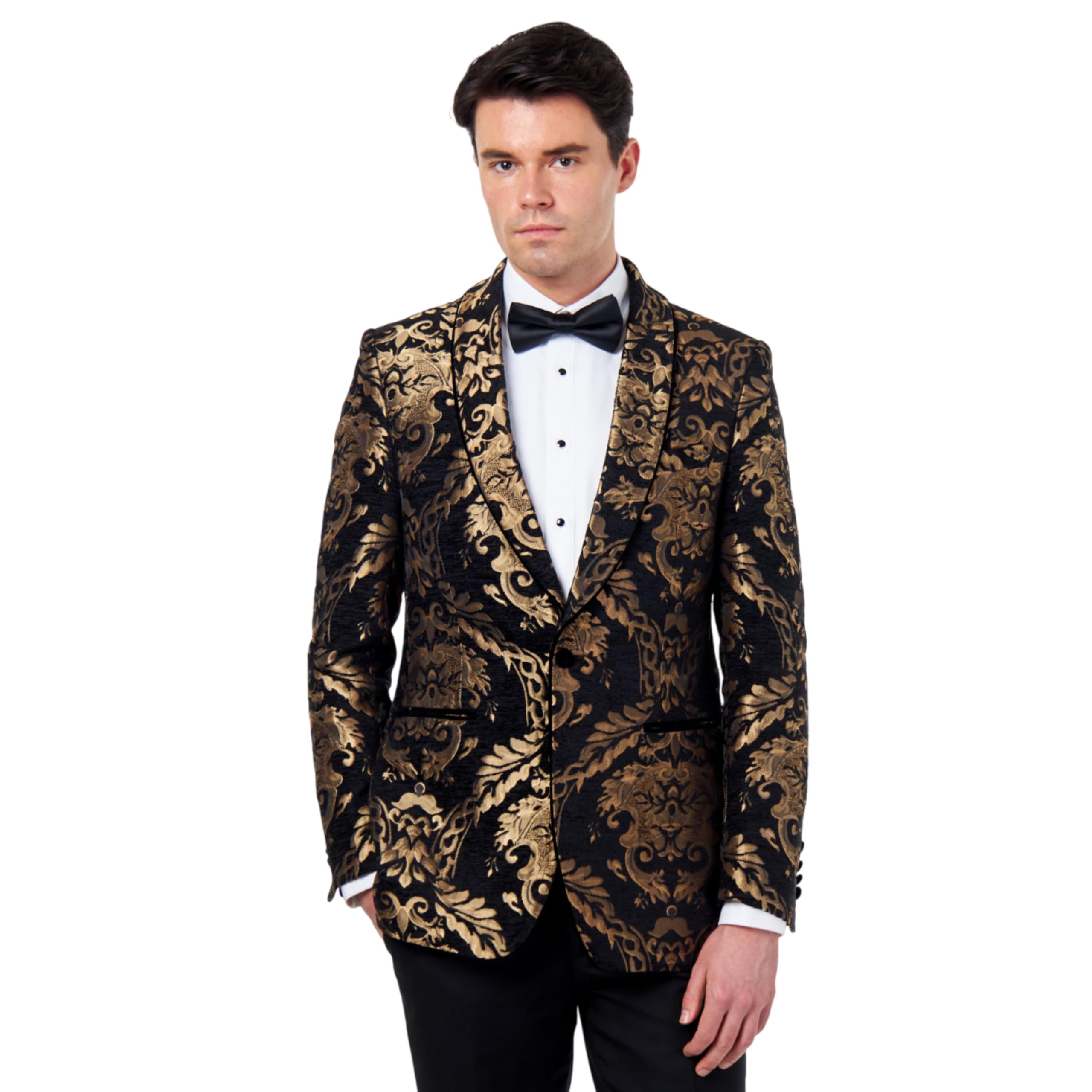 Xposed Mens Tuxedo Jacket Gold Brocade Paisley on Flocked Jacquard Black Blazer [ BLZ-311-BLACK-GOLD-44 ]