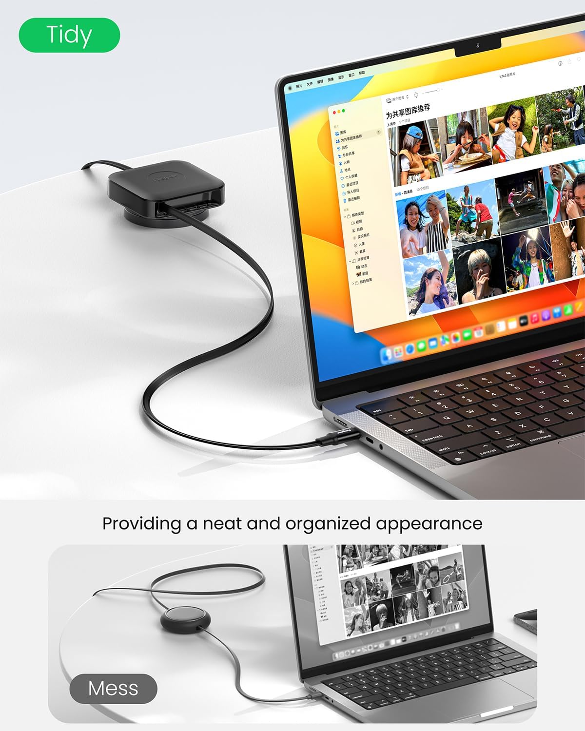 Fasgear Retractable USB-C Cable Desk Mount - 2 Pack 6.6ft USB C 2.0 Cord 60W PD/PPS Fast Charging Compatible for iPhone 17 16 15 Pro Max/iPad/MacBook/Samsung, 360° Rotatable Type C Cable (Black/White)