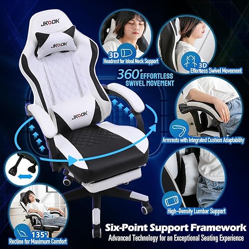 Miniatura 5 de JKOOK JK08 - Silla de juegos con reposapiés, silla de escritorio multifuncional con reposabrazos de conexión, piel sintética, sillas de computadora
