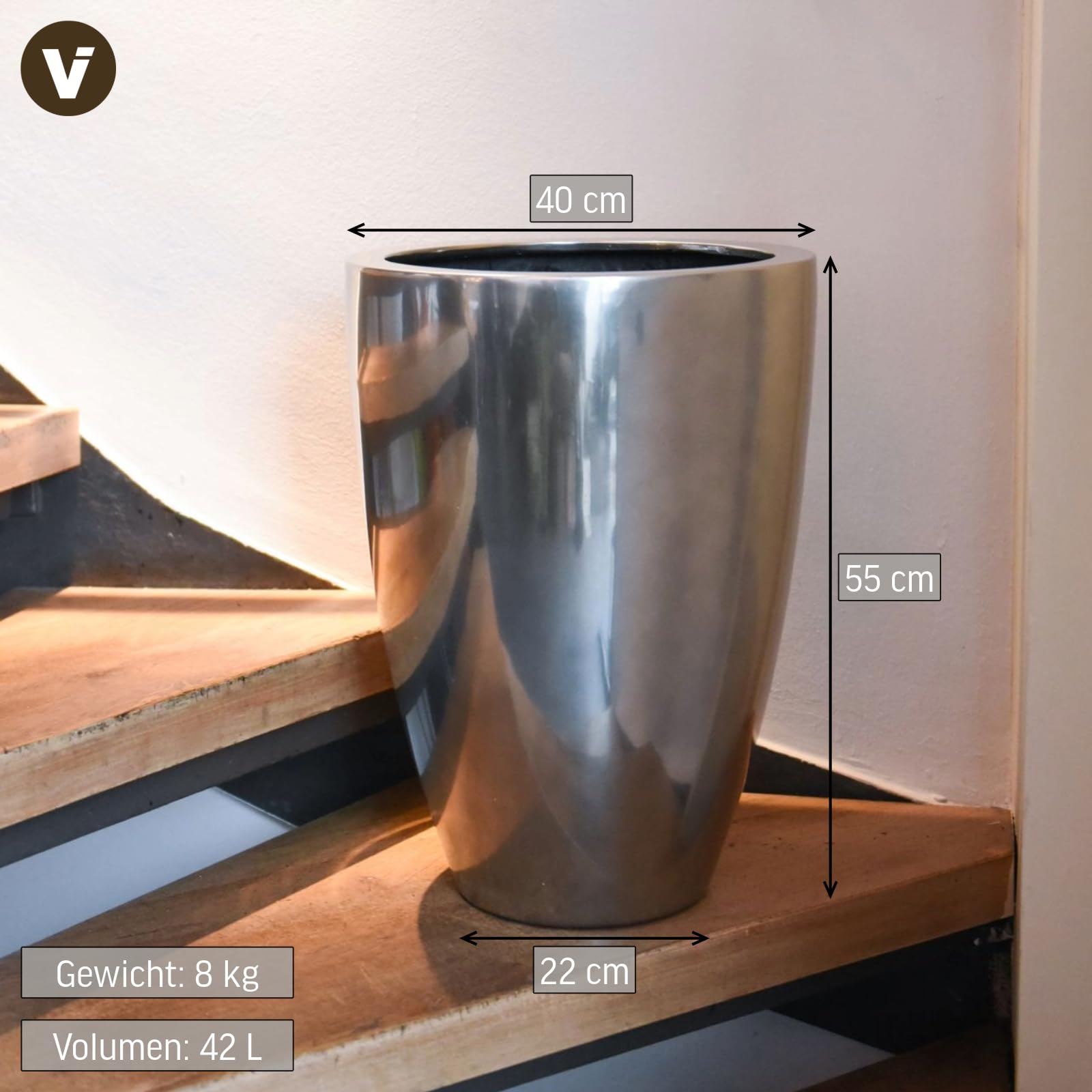 VIVANNO Pflanzkübel Pflanzgefäß Blumenkübel Fiberglas Silber Metallic OPALA (55x40)