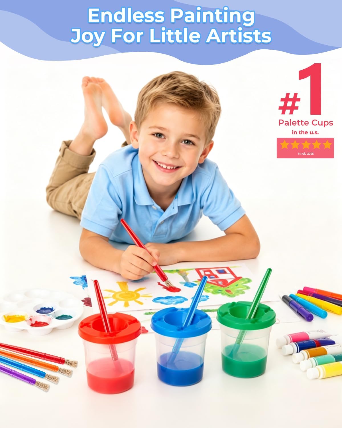 DKP 30PCS Spill Proof Paint Cups for Kids with Colored Lids and Brushes, Paint Cups with Lids for Acrylic Paint, No Spill Toddler Art Supplies for Classroom and Home Crafts