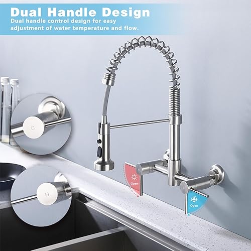 Miniatura 8 de BZOO SIU- Grifo de cocina de montaje en pared, 8 pulgadas, centro de pared, grifo de fregadero de cocina con rociador extraíble, comercial, níquel