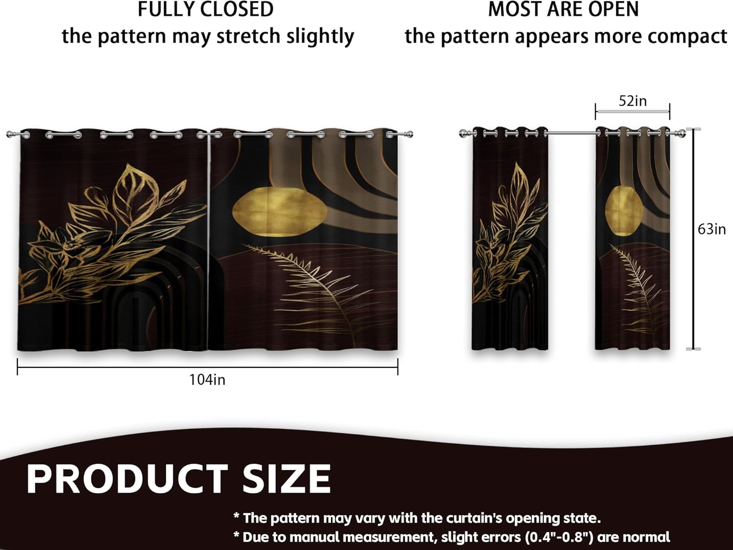 Mid Century Modern Black and Brown Blackout Curtains, Bohemian Gold Dark Brown and Black Window Drapes for Bedroom Living Room, 63 inch Length 2 Panels Set, 52x63 inch