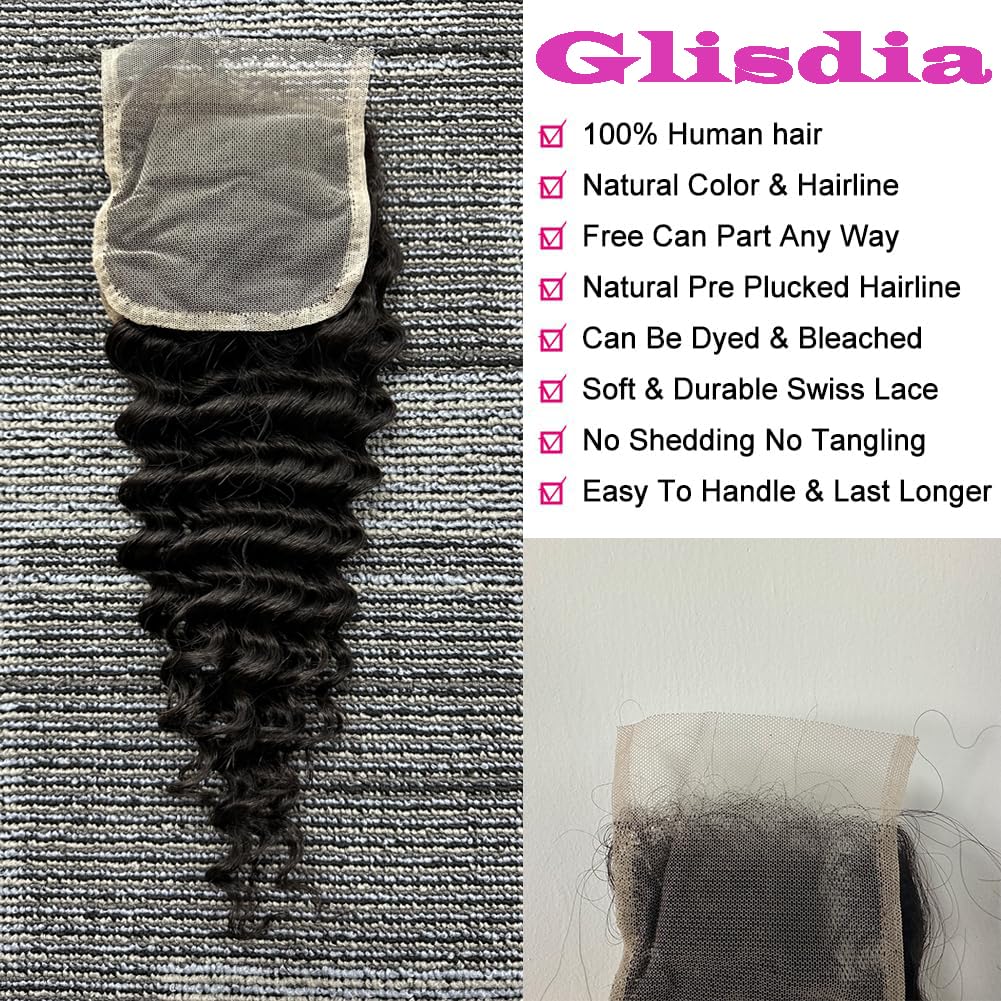 Brazilian Deep Wave Lace Closure Human Hair 14 Inch 4x4 Free Part 100% Unprocessed Brazilian Virgin Hair Deep Wave Human Hair Closure 150% Density With Baby Hair Natural Black