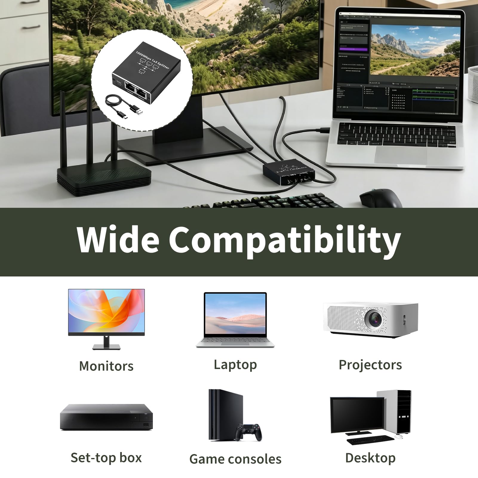 LAN Switch 1 Auf 3, LAN Splitter 1 Auf 3 Gigabit Ethernet Splitter 1000Mbit s, Netzwerk Verteiler mit USB C Stromkabel, Aluminium RJ45 Switch kompatibel mit Router PC TV Set Top Box Cat8 Cat7 Cat6