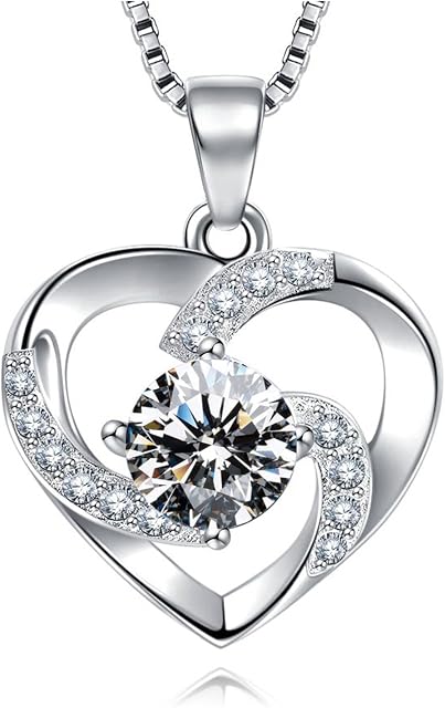 EVERU Heart Necklaces for Women, 925 Sterling Silver Necklace for Girlfriend,Simple Heart Pendant Necklace Inlay 3A Cubic Zirconia Birthday Valentine's Day Gifts