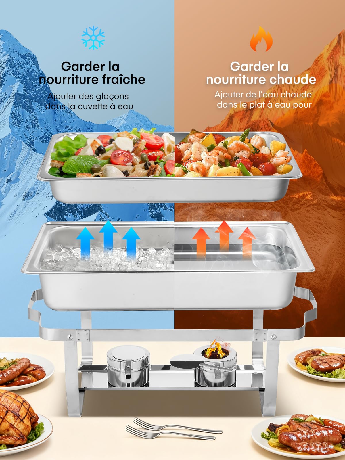 Lot de 4 Chafing Dish Buffet,9L Chauffe Plat Buffet en Acier Inoxydable, Buffet Chauffant Chauffe, Chafing Dish en Traiteur, Hôtel, Restaurant, Fêtes, Mariage, (2×GN1/1+2×GN1/2+4×GN1/4)