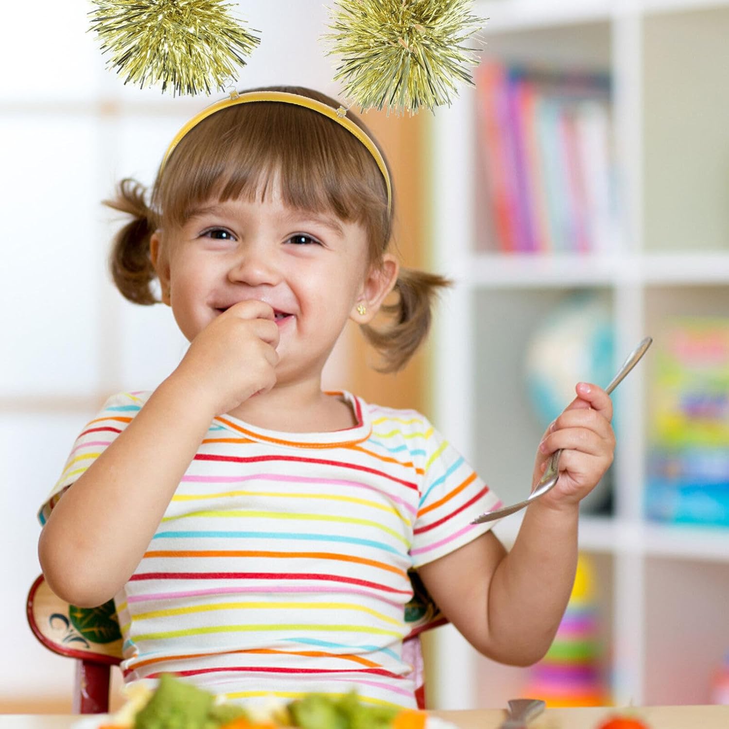 minkissy Pom Pom Headband, 2pcs Tinsel Headbands Cute Boppers Hair Bands Cosplay Party Hair Decoration Tinsel Headdress for Boy Girls, Golden, 19x19cm - Image 2
