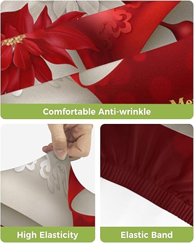 Miniatura 4 de Juego de 2 fundas elásticas para taburetes de bar con diseño de flor de pascua de Navidad, color rojo y blanco, extraíble y lavable, para cocina,