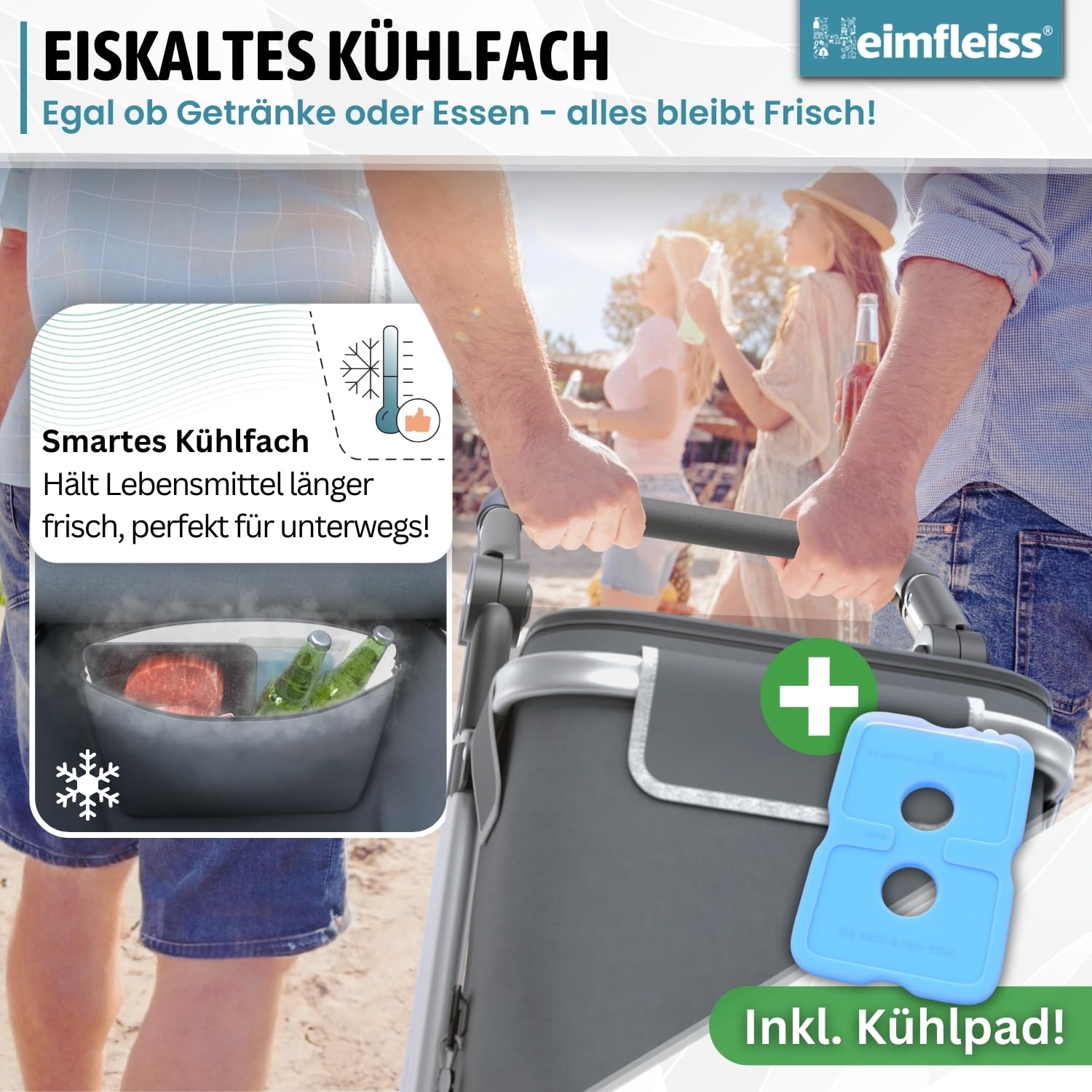 Heimfleiss® Trolley Einkaufstrolley mit 56L Volumen | Einkaufswagen klappbar mit 50kg Traglast | Leichte Einkaufstasche mit Rollen | Hackenporsche Shopping Trolley Groß mit Kühlfach