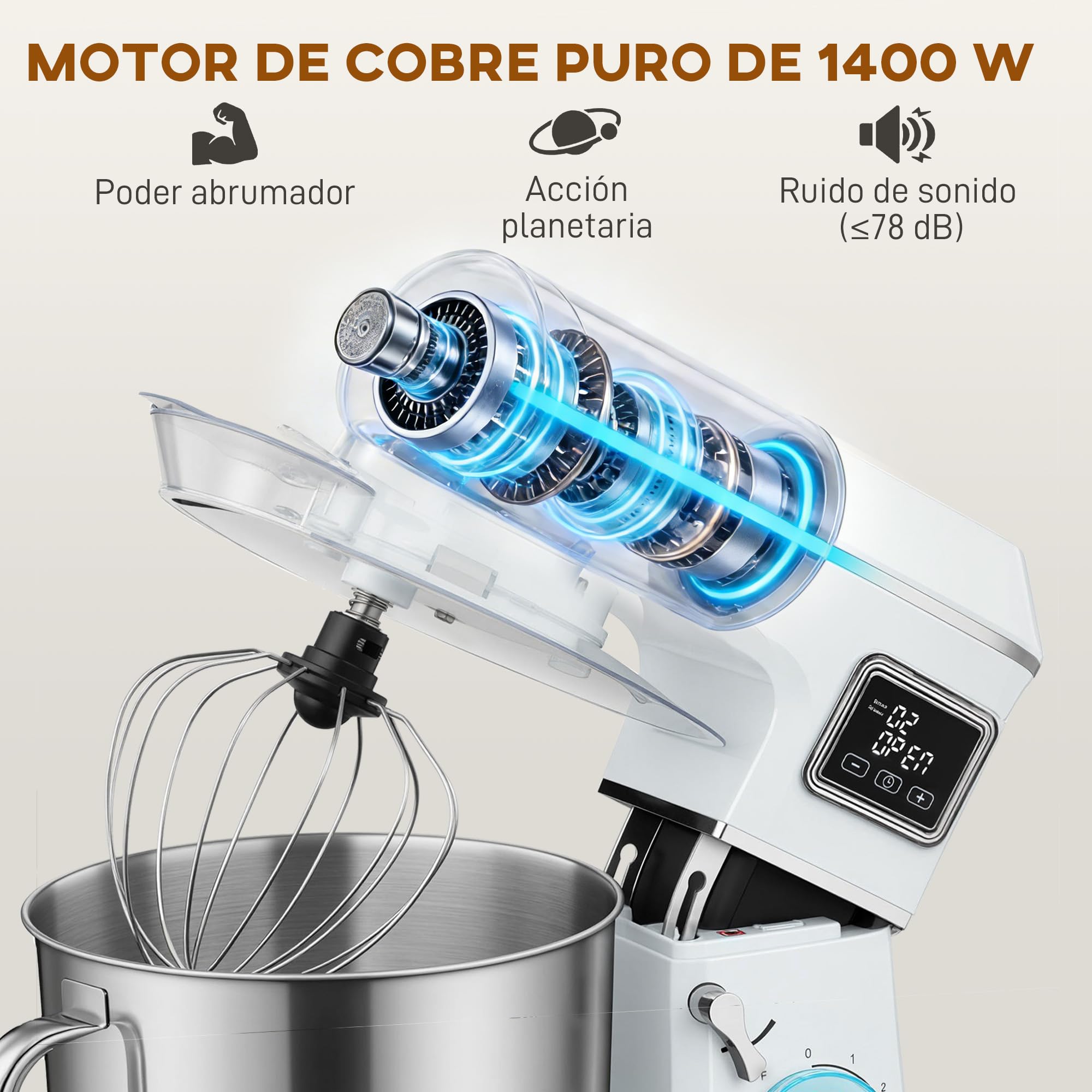 HOMCOM Batidora Amasadora 6L Amasadora de Pan 1400W 6 Velocidades Blanco | LED, Fermentación, Bol de Acero Inoxidable, Batidor, Gancho, Varilla, Protector contra Salpicaduras