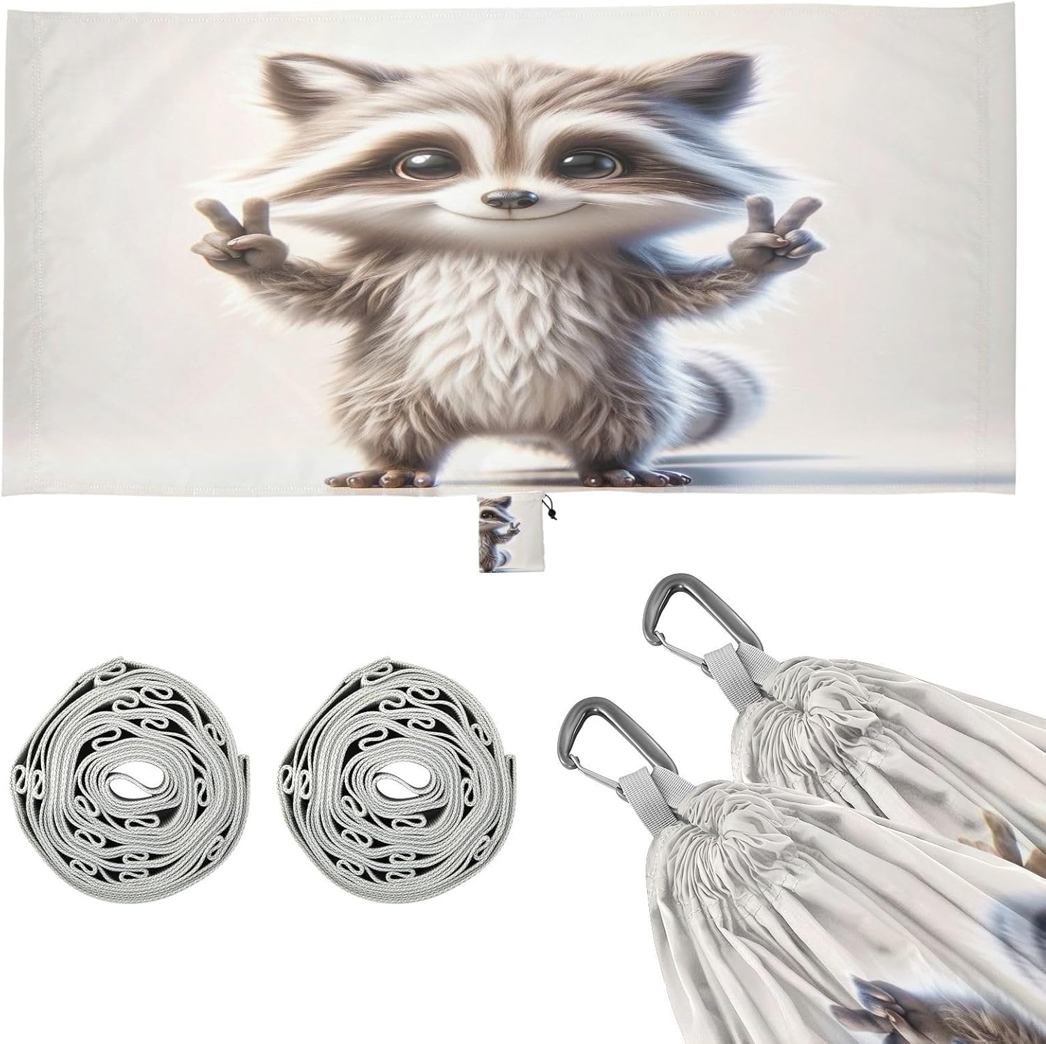 ALAZA Cute Raccoon Peace Gestures Camping Hammocks Single or 2 Person 500 lbs Portable Parachute Travel Hammock w/Tree Straps for Hiking Backpacking Indoor Outdoor