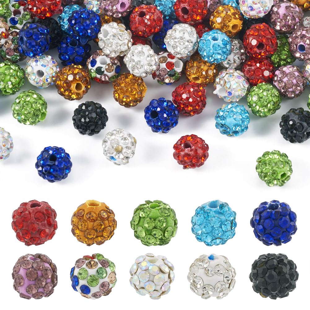 Elecrelive 100pcs 8mm Rhinestone Clay Beads Colorful Disco Ball Beads Polymer Clay Round Bubblegum Beads for Beadable Pen Lanyards Keychain Bag Chain Jewelry Making