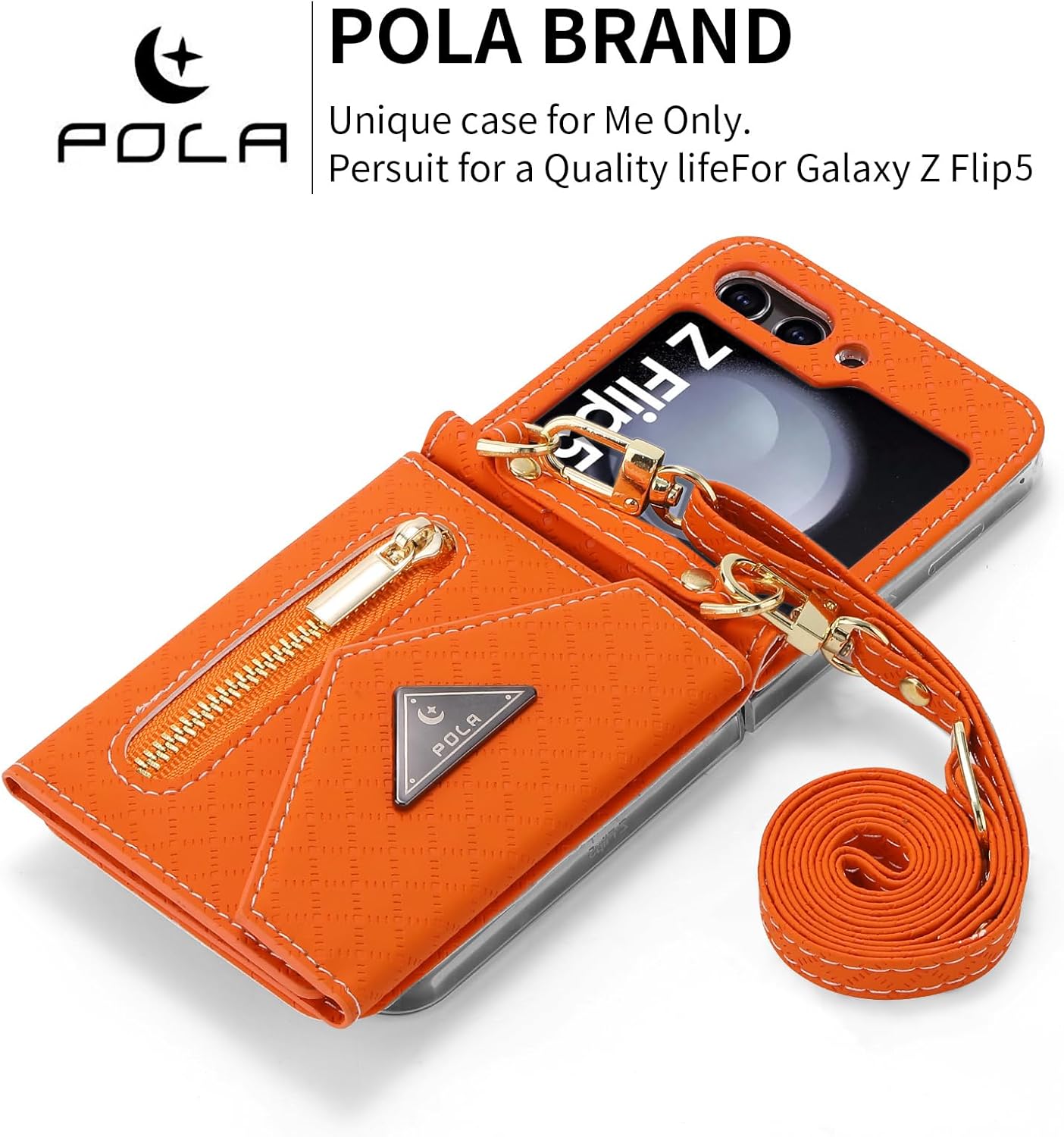 Zipper Wallet Purse for Samsung Galaxy Z Flip 5 5G Crossbody Case with Credit Card Holder Strap Lanyard Women Kickstand Flip Leather (Orange, Z Flip 5)