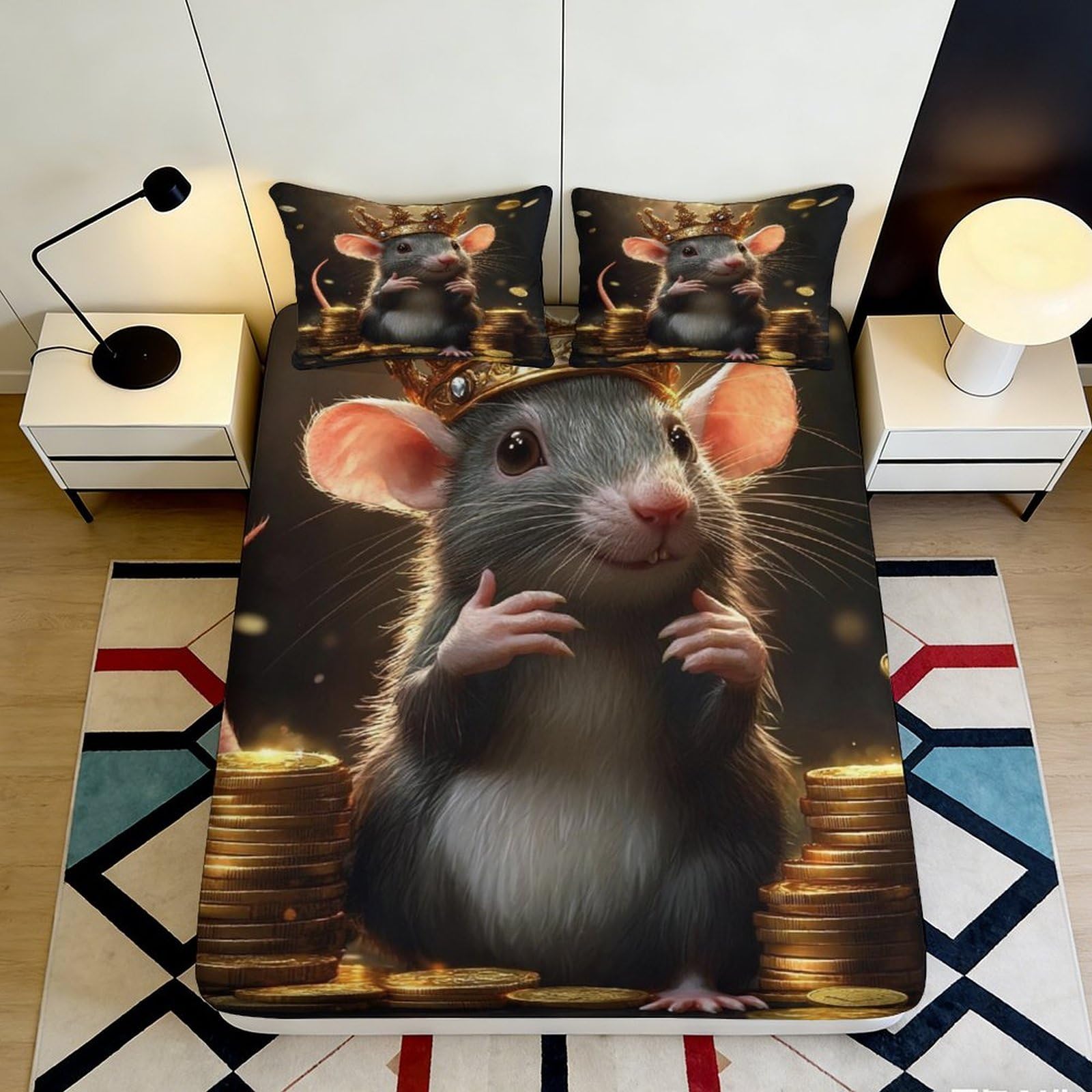 3D Printed Royal Rat Fitted Sheet Microfiber Soft Durable 3D Printed Coin Stack Mattress Cover for Bedroom Dormitory Guest Room Protection 120x200x25cm