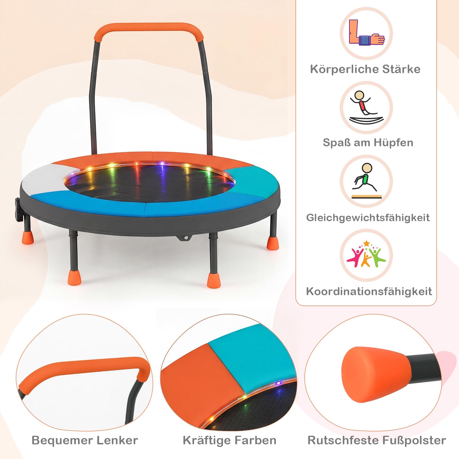 COSTWAY Ø90 cm Kinder Trampolin, Minitrampolin faltbar mit LED Beleuchtung, Fitness Trampolin Indoor mit Griff & Tragetasche, Gartentrampolin klein für Kinder ab 3 Jahren