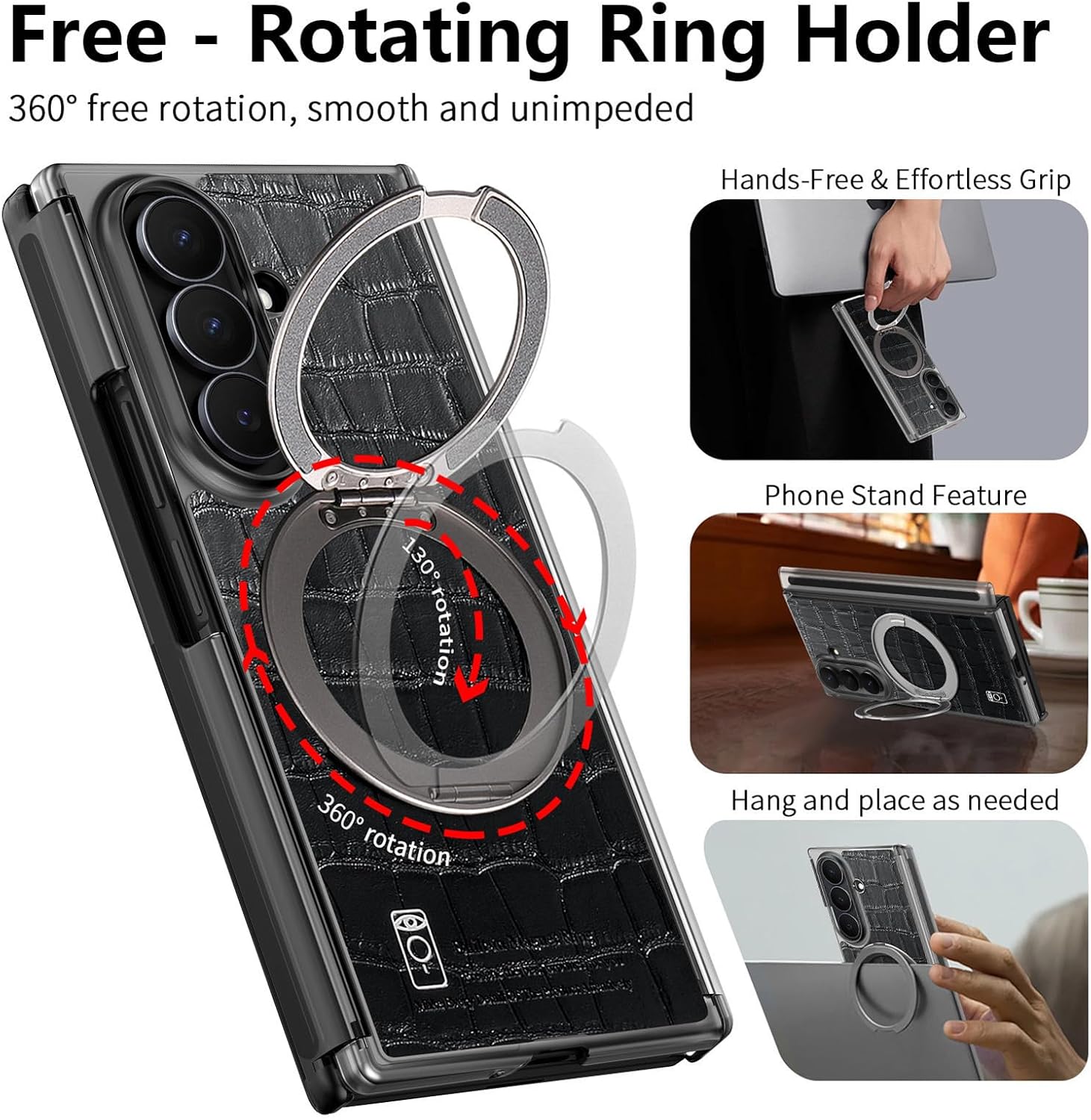 Magnetic Case for Samsung Galaxy Z Trifold with 360° Rotating Ring Stand & Hinge Protection, Compatible with MagSafe, Slim Crocodile Texture Leather Shockproof Cover for Z Trifold EYZJ Black