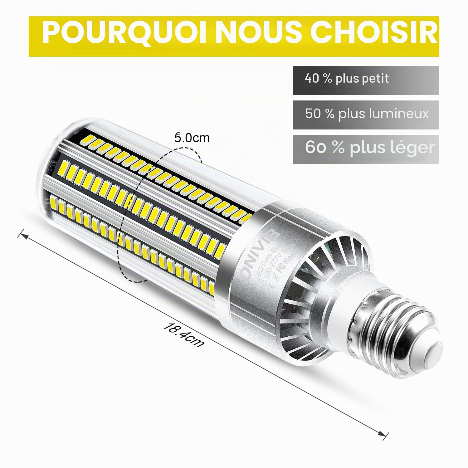 54W Ampoule À MAÏS À LED, 6400 Lumens équivalent 800W, 6500K Blanc froid Lumière du Jour, Ampoules Maïs Lampe LED, E27 /E40 Base, pour l'éclairage Commercial, Garage, Entrepôt, Usine